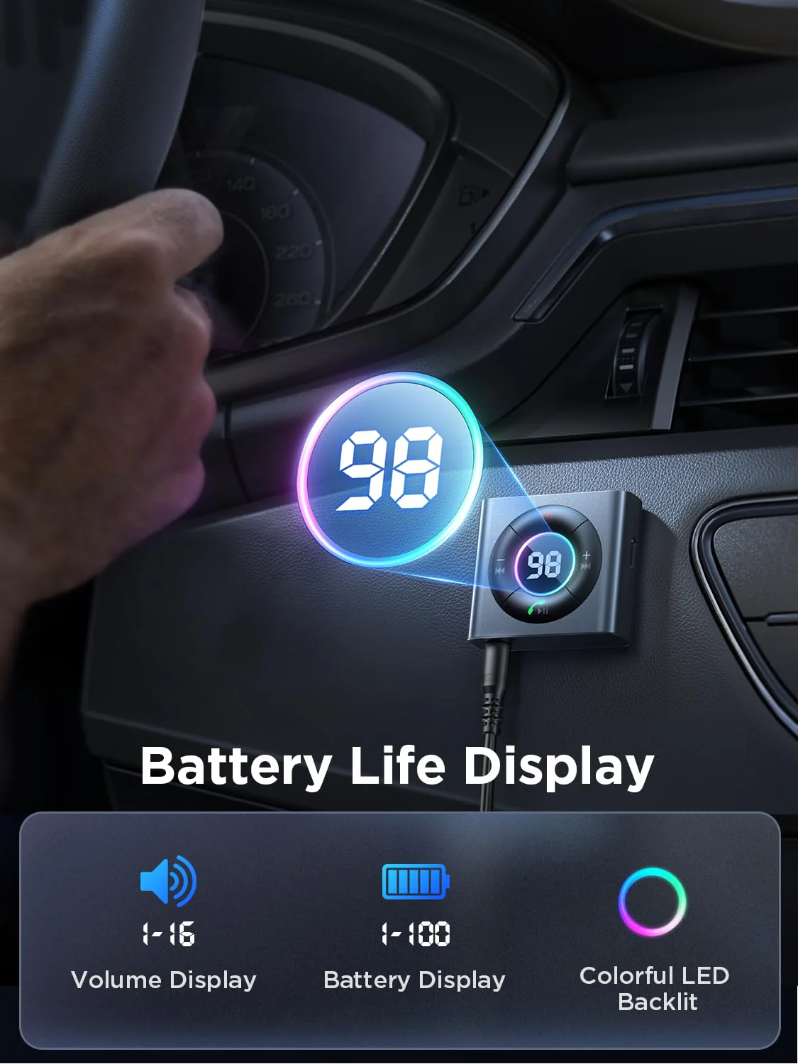 JOYROOM AUX Bluetooth 5.4 Car Adapter [Dual Mics& HiFi Deep Bass Sound] [Noise Cancelling& Battery Life Display] Bluetooth Receiver for Music/Hands-Free Calling, 26H Battery Life, 2024 Upgrade, Metal Dark Gray - Image 6
