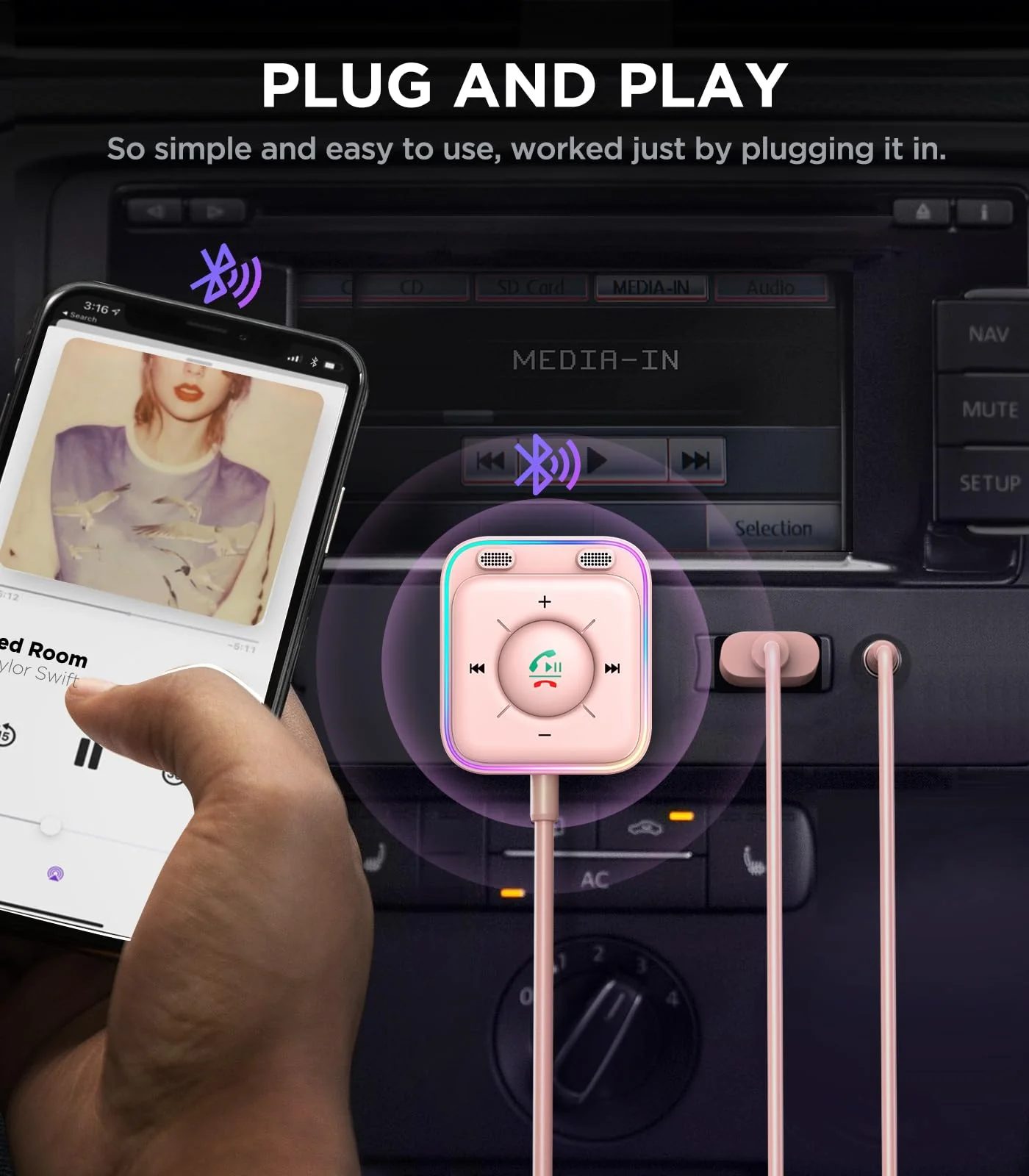 JOYROOM Bluetooth 5.4 Car Adapter with Dual Mics and Noise Cancellation, AUX Bluetooth Car Kit with Plug-and-Play and Noise Filter for Hands-Free Calls and Stereo Audio, Pink - Image 5