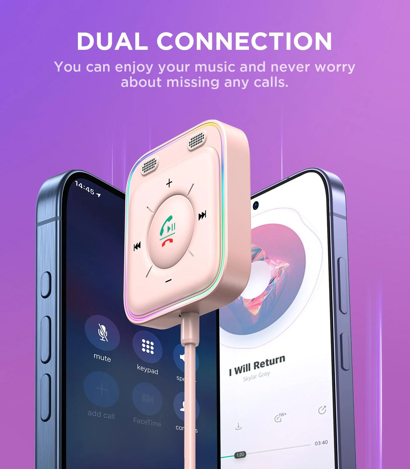 JOYROOM Bluetooth 5.4 Car Adapter with Dual Mics and Noise Cancellation, AUX Bluetooth Car Kit with Plug-and-Play and Noise Filter for Hands-Free Calls and Stereo Audio, Pink - Image 7