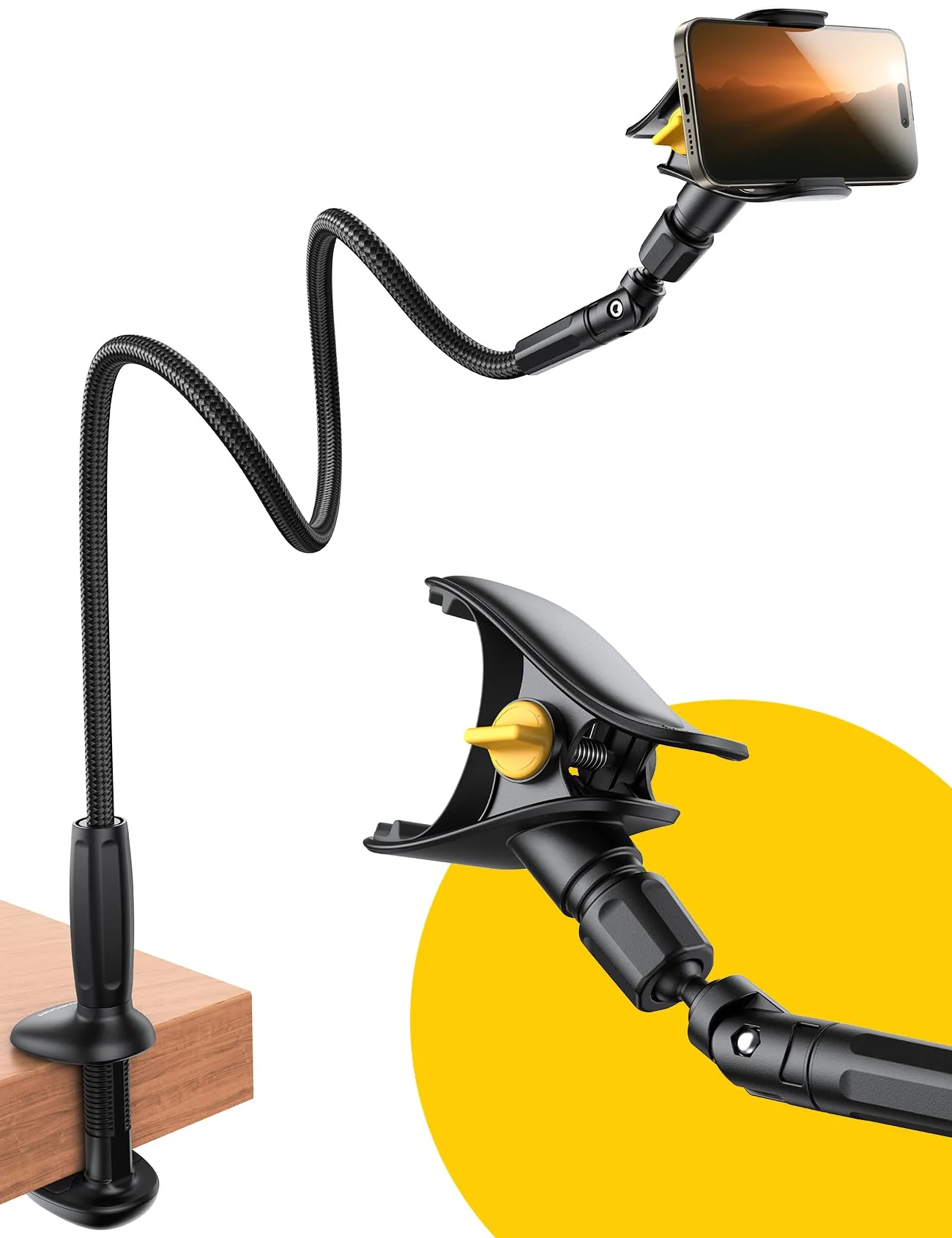 JOYROOM Gooseneck Phone Holder for Bed - [Safety Lock] & [Nylon Braid] 39.37” Flexible Long Arm Phone Stand for Desk, 720° Adjustable Overhead Phone Mount for iPhone 16, All 4-7" Devices Carbon Black