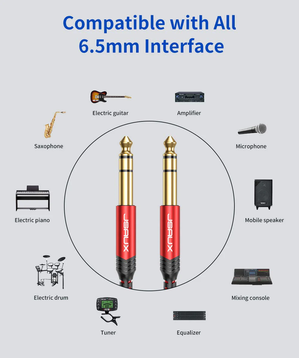 JSAUX 1/4 Inch Cable Guitar Cable 10FT, Instrument Cable 6.35mm (1/4) TRS to 6.35mm (1/4) TRS Stereo Audio Cable Male to Male Straight-to-Straight for Electric Guitar, Bass, Mandolin - Red 3M Straight-Red - Image 7