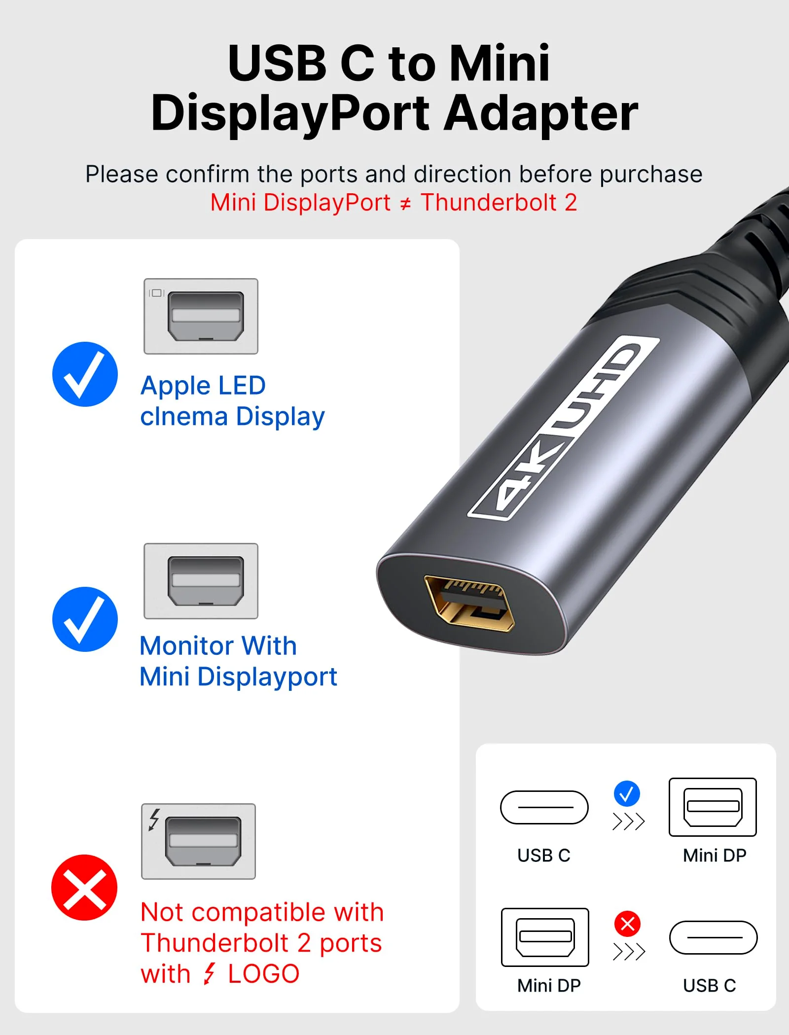 JSAUX USB Type C to Mini DisplayPort Adapter 4K@60Hz, C to Mini Display Port Dongle Cable, Compatible with MacBook Pro 2019 2018, Dell XPS, Samsung Galaxy S21 S20 Plus-Grey Grey - Image 2