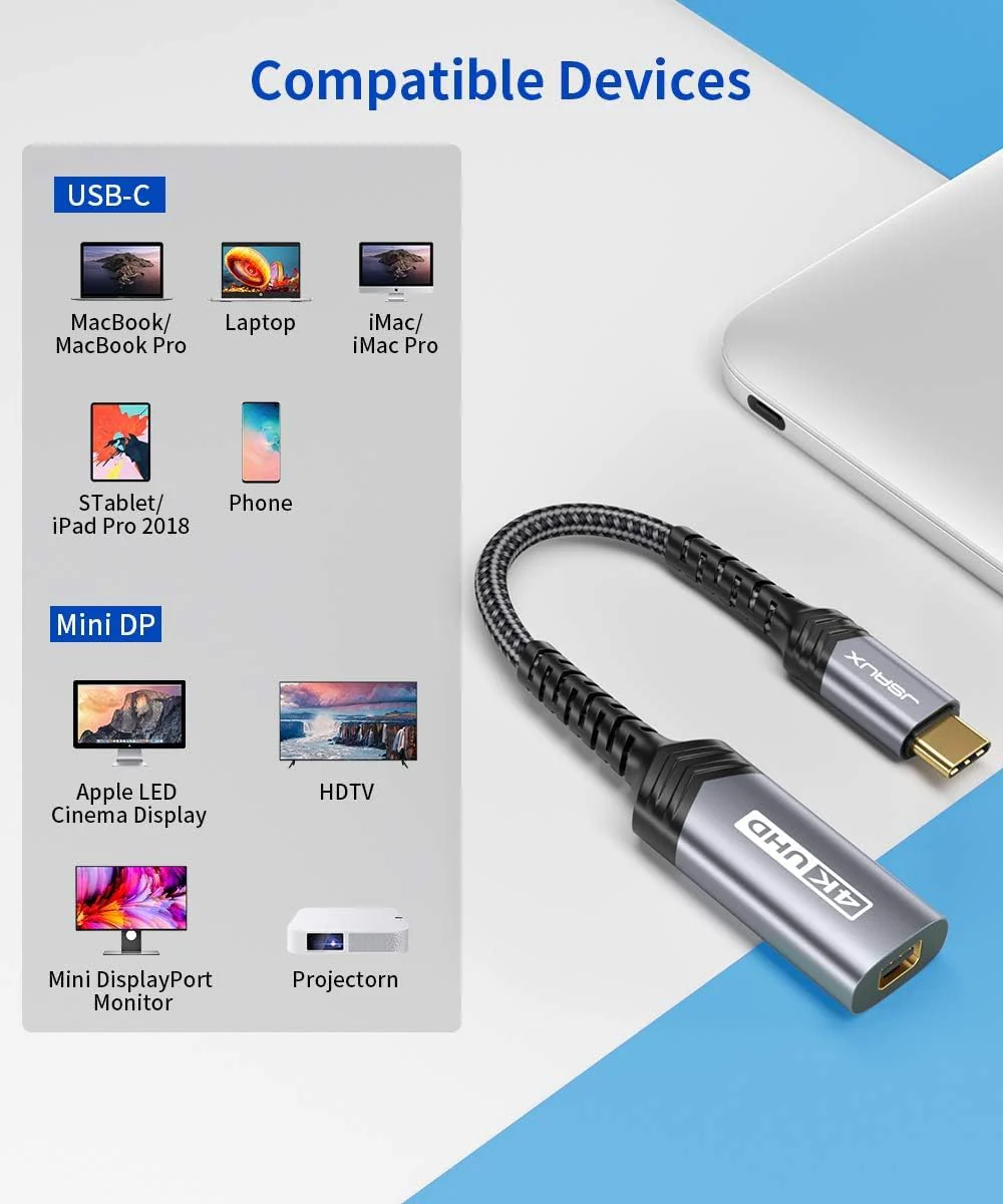 JSAUX USB Type C to Mini DisplayPort Adapter 4K@60Hz, C to Mini Display Port Dongle Cable, Compatible with MacBook Pro 2019 2018, Dell XPS, Samsung Galaxy S21 S20 Plus-Grey Grey - Image 7