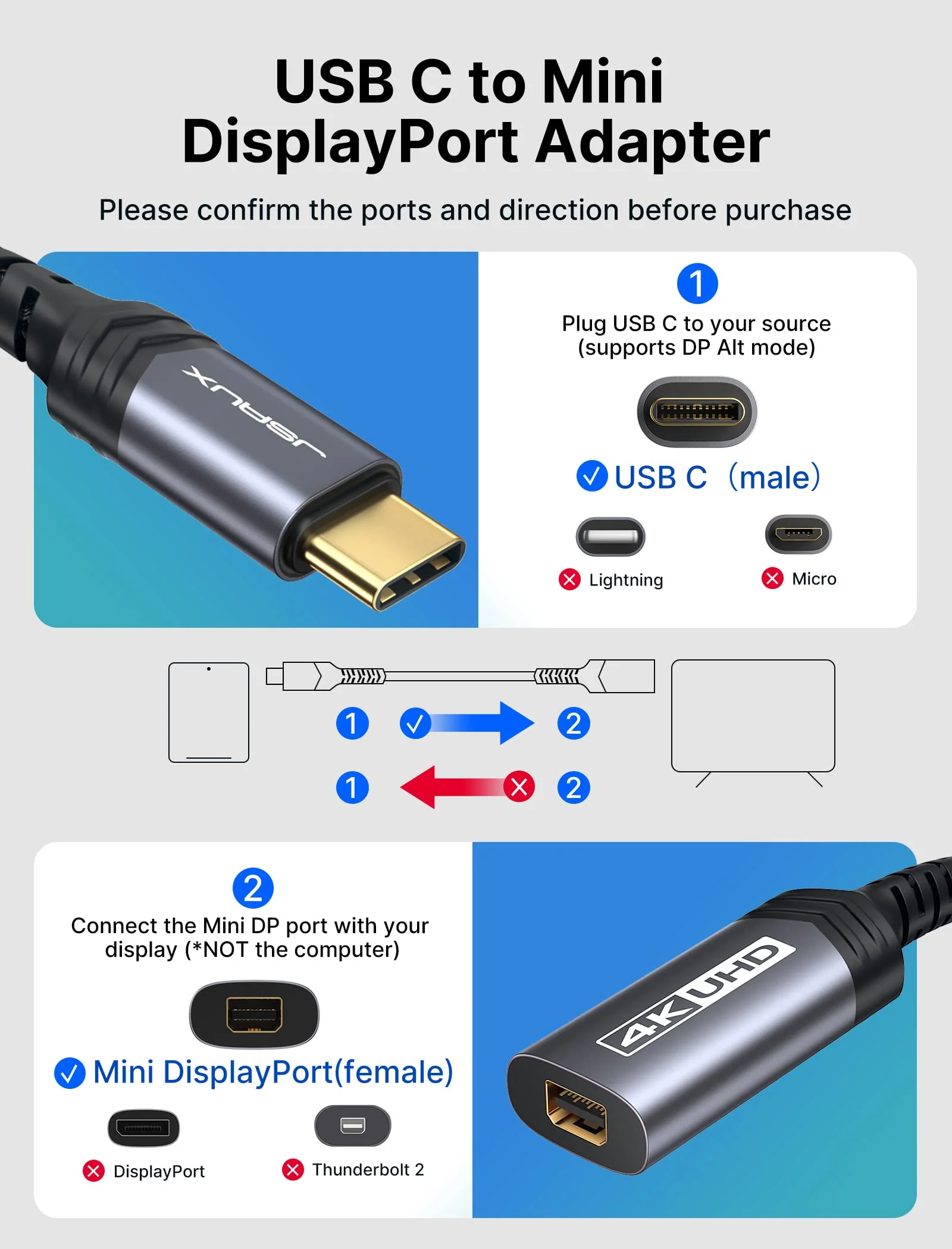 JSAUX USB Type C to Mini DisplayPort Adapter 4K@60Hz, C to Mini Display Port Dongle Cable, Compatible with MacBook Pro 2019 2018, Dell XPS, Samsung Galaxy S21 S20 Plus-Grey Grey - Image 8
