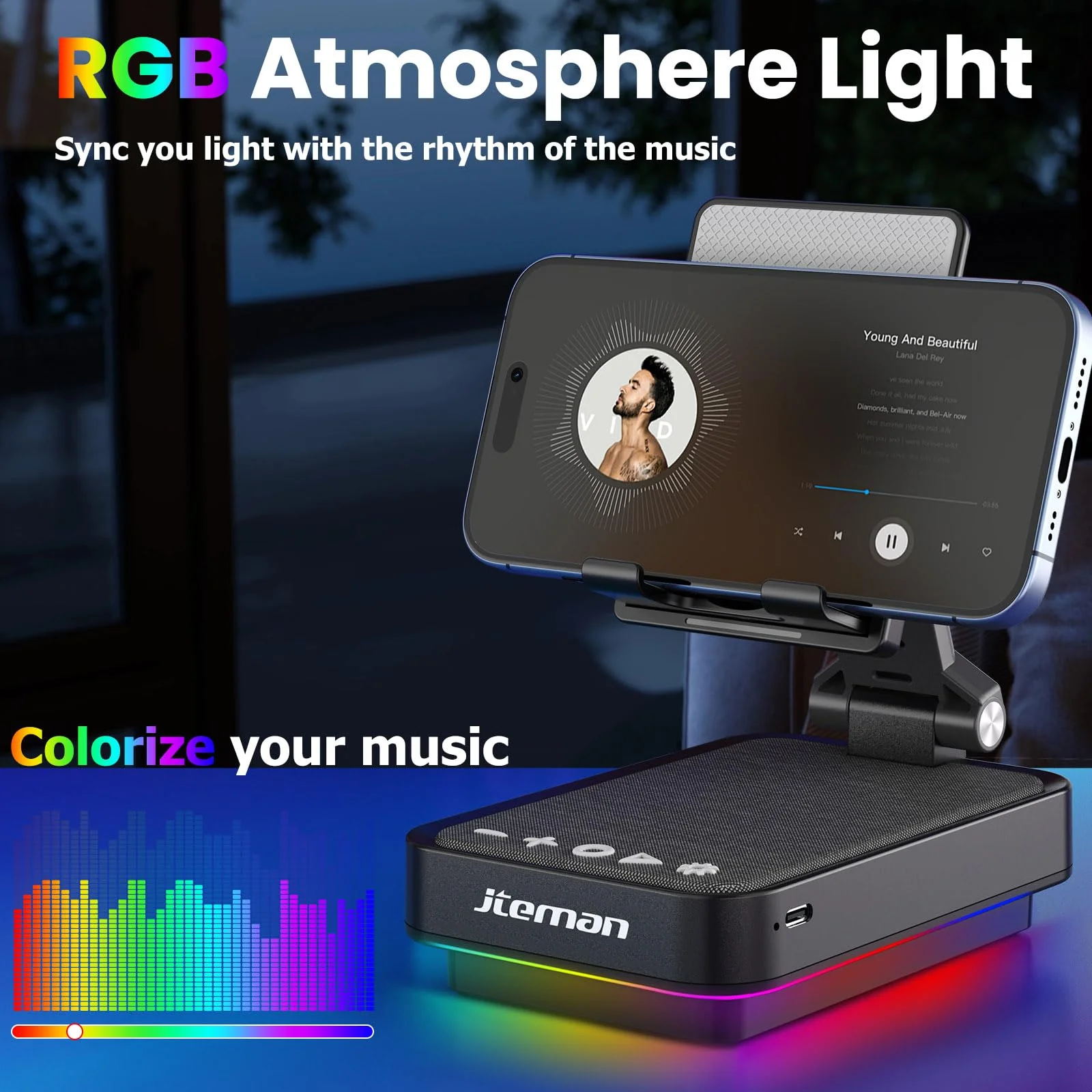 JTEMAN Gifts for Men Cell Phone Stand with Wireless Bluetooth Speaker and Jumping Light, Cool Tech Gifts for Men Women Husband Dad, Unique Birthday Gifts for Him - Image 3