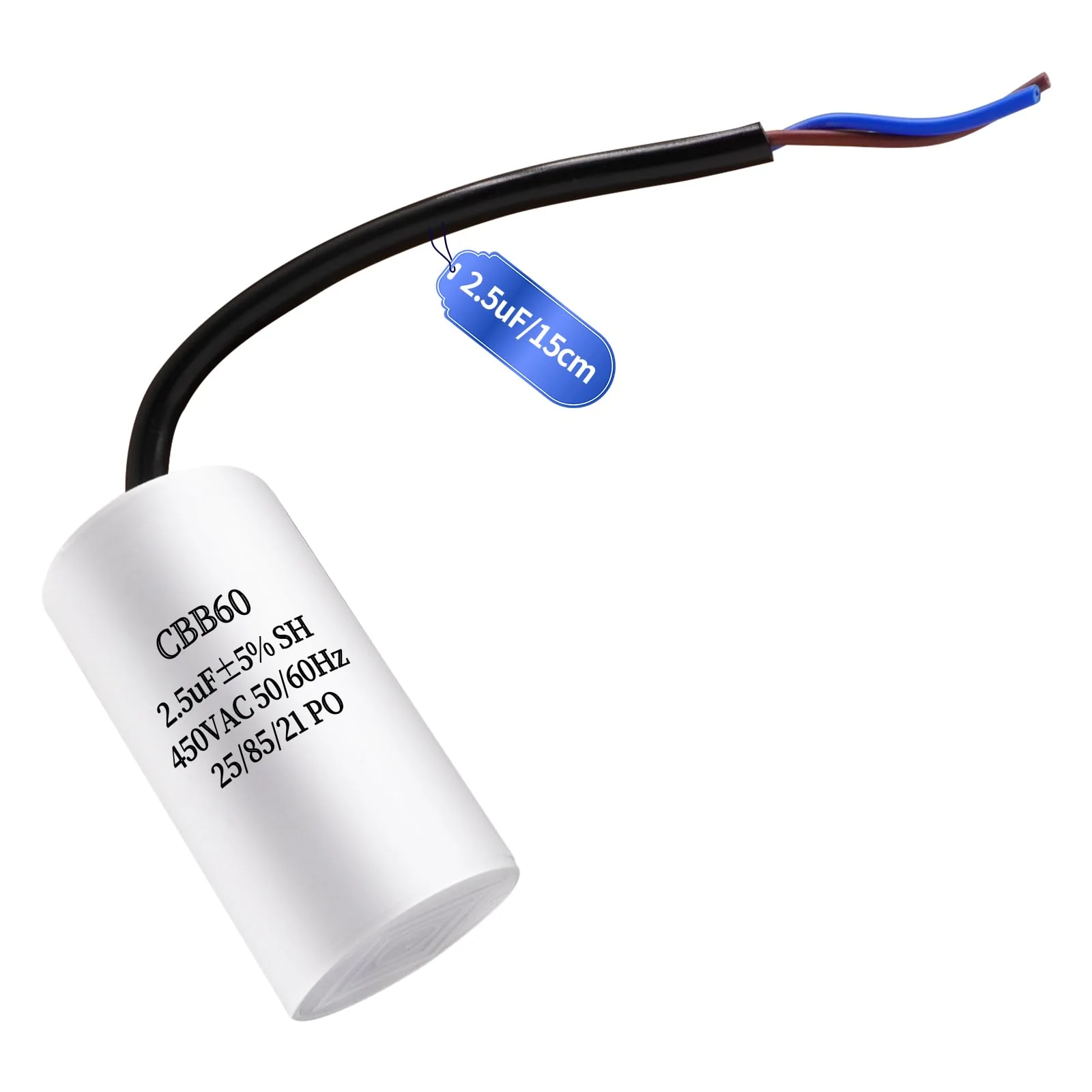 JUNUNDJING CBB60 450V 2.5uF 50/60HZ Starting Capacitor with 15 cm Extension Wire, Motor Operating Capacitor, AC Motor Capacitor, for Household Appliances such as Electric Motors and Air Conditioners