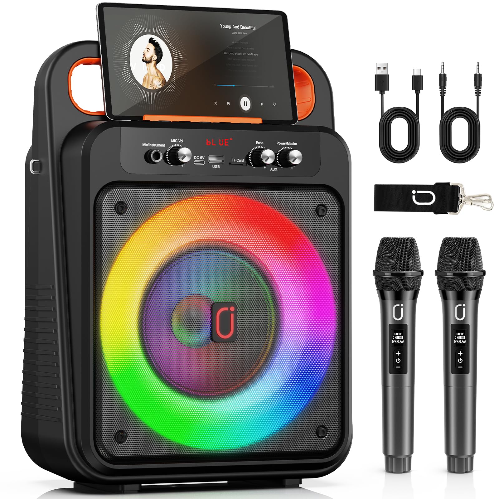 JYX Karaoke Machine with 2 Wireless Microphones, Portable Bluetooth Karaoke Speaker for Adults, PA System Speaker with LED Lights Support REC/USB/AUX/TF for Outdoors Home Party (MS79) MS79