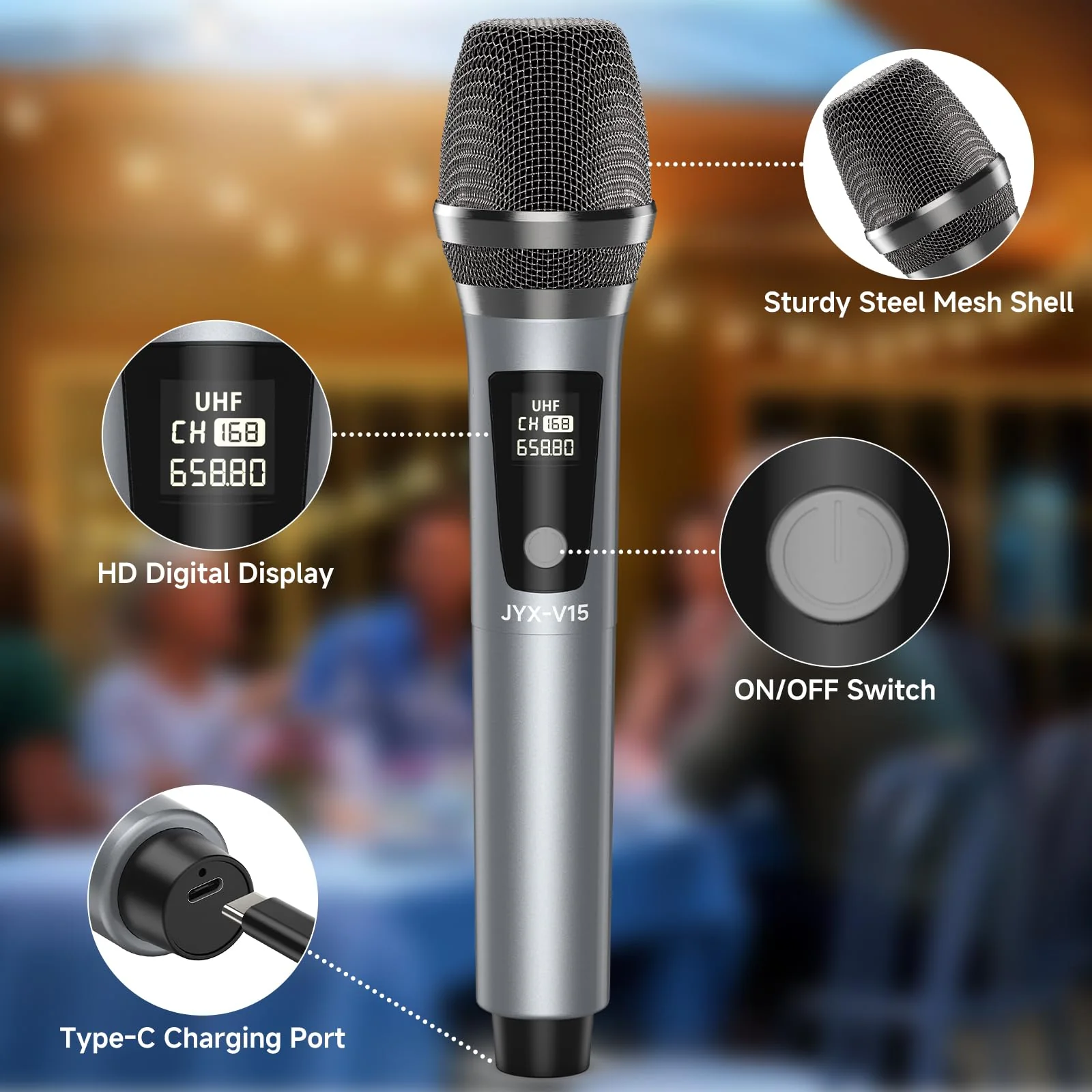 JYX Wireless Microphone, Professional UHF Metal Handheld Dynamic Mic System with Rechargeable Receiver 1/4''(6.35mm) Plug, for Amplifier, PA System, Karaoke Singing, Wedding, Party, Speech, Church - Image 2