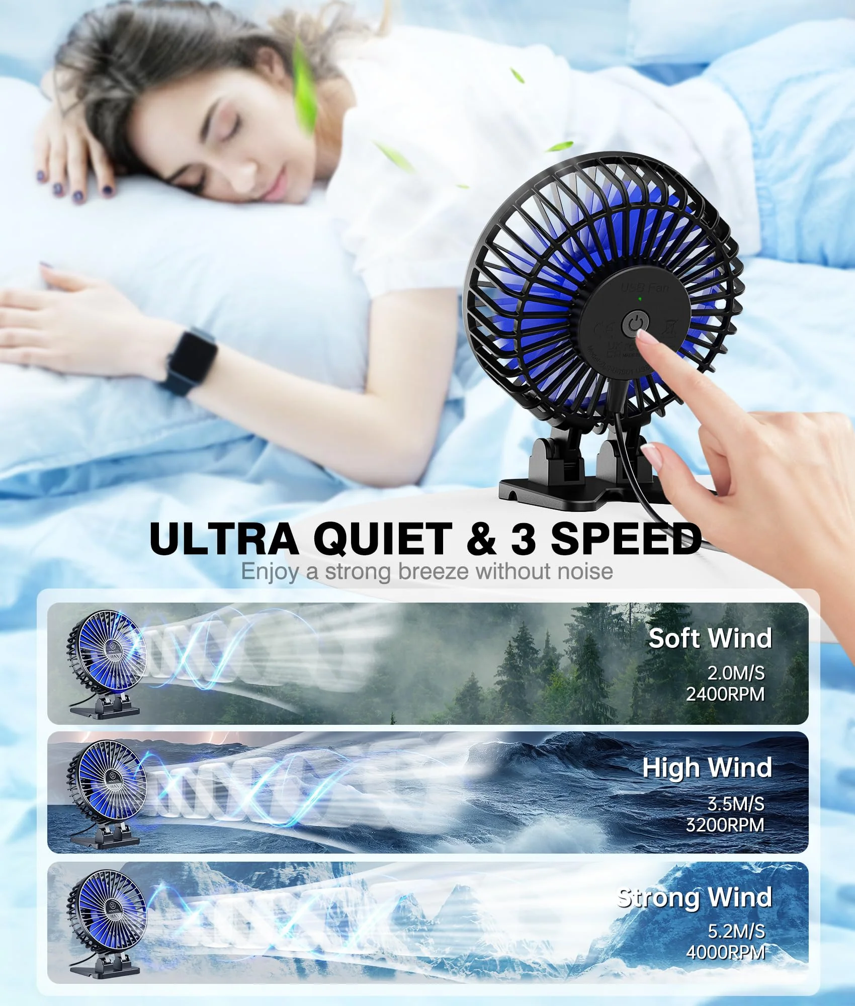 JZCreater USB Desk Fan, Mini Fan Portable, 3 Speeds Desktop Table Cooling Fan, Plug in Power Fan, Rotation Strong Wind, Quiet Personal Small Fan for Home Desktop Office Travel Bedroom, Black (2Pack) Black 2Pack - Image 3