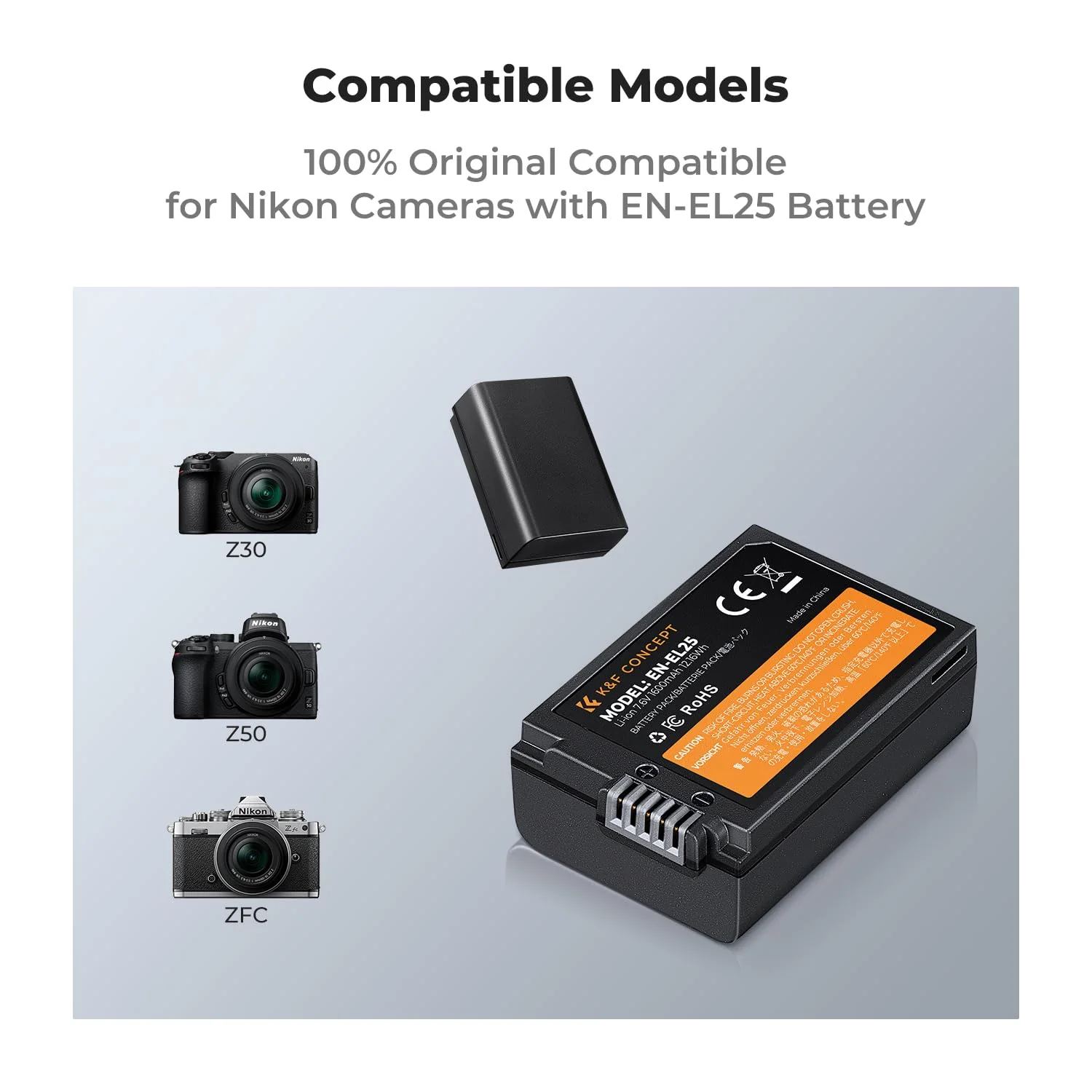K&F Concept 1600mAh EN-EL25 EN-EL25A Battery and Charger Set, 2 Pack for Nikon Z30 Z50 ZFC Camera, Replacement Batteries with LCD Dual Slot Charger - Image 3
