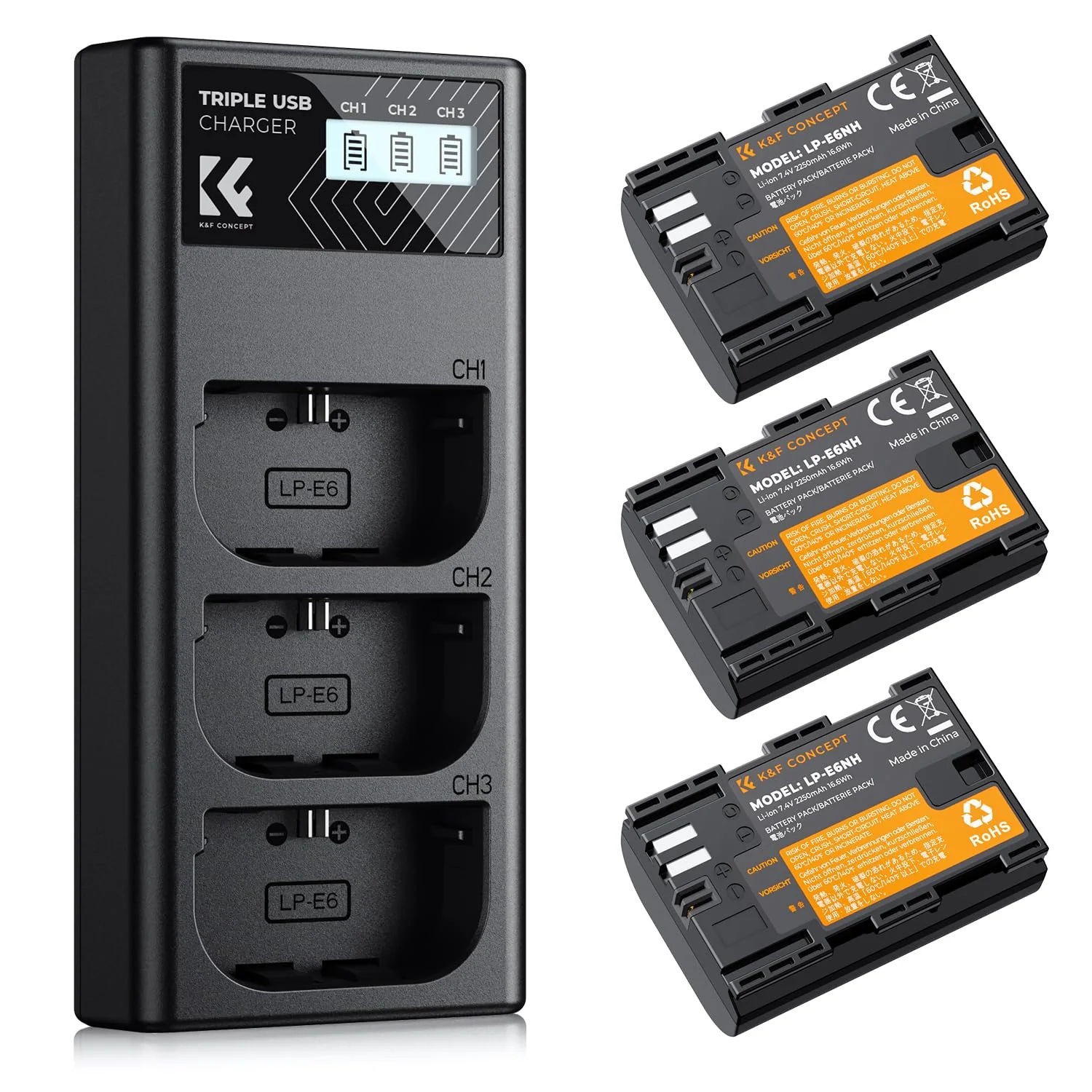 K&F Concept 3-Pack LP-E6NH Battery and Triple Slot Charger for Canon EOS R5, R6, R, 6D Mark II, 5D Mark IV, 5D Mark III, 5DS, 5DS R, 5D Mark II, 80D, 90D, 6D, 7D, 7D Mark II, 2250mAh