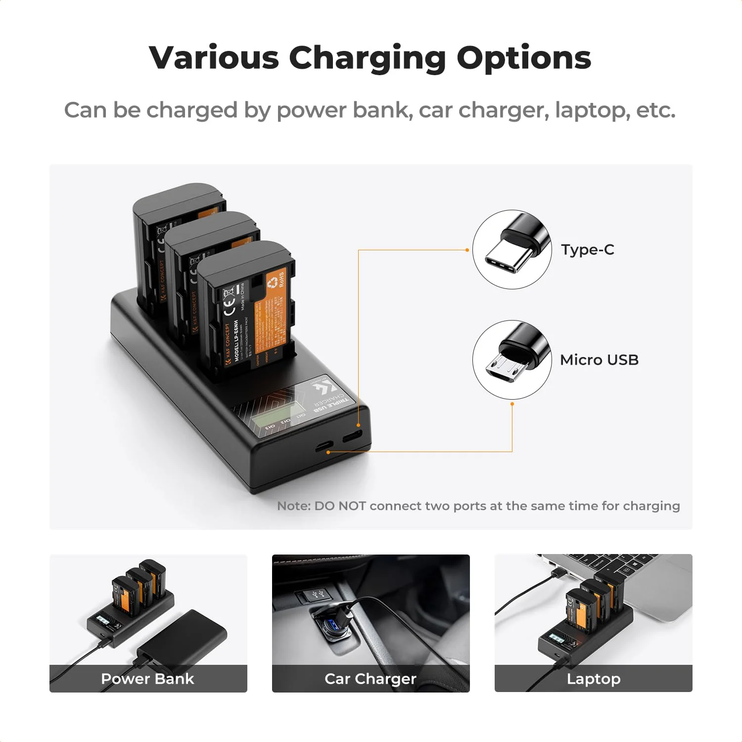 K&F Concept 3-Pack LP-E6NH Battery and Triple Slot Charger for Canon EOS R5, R6, R, 6D Mark II, 5D Mark IV, 5D Mark III, 5DS, 5DS R, 5D Mark II, 80D, 90D, 6D, 7D, 7D Mark II, 2250mAh - Image 6
