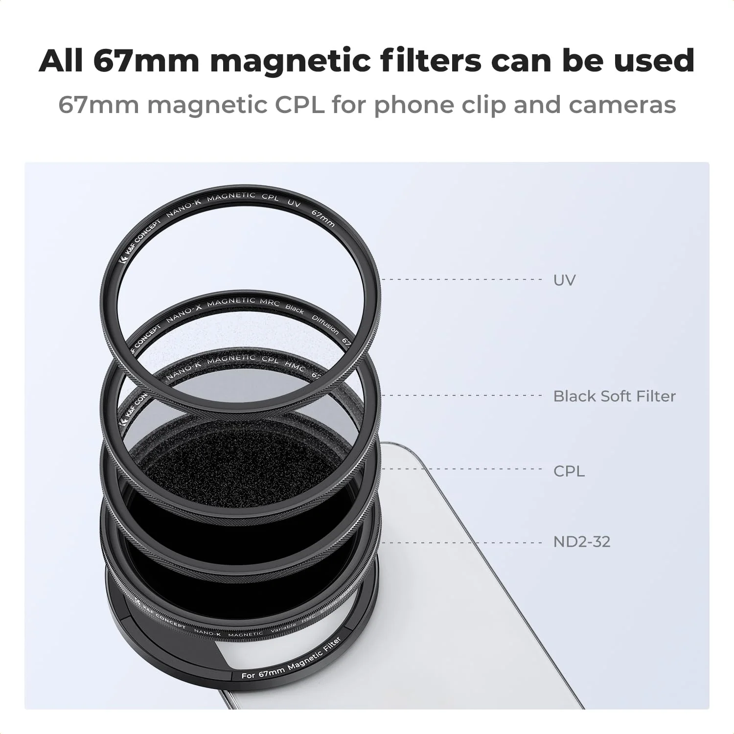 K&F Concept Clip On 67mm Variable ND2-32 Magnetic Phone Lens Filter Kit, Phone Clip with Magnetic Adapter Ring/Cold Shoe/Locking Knob, Neutral Density Filter for iPhone 16 15 Pro Max 14 13 - Image 7