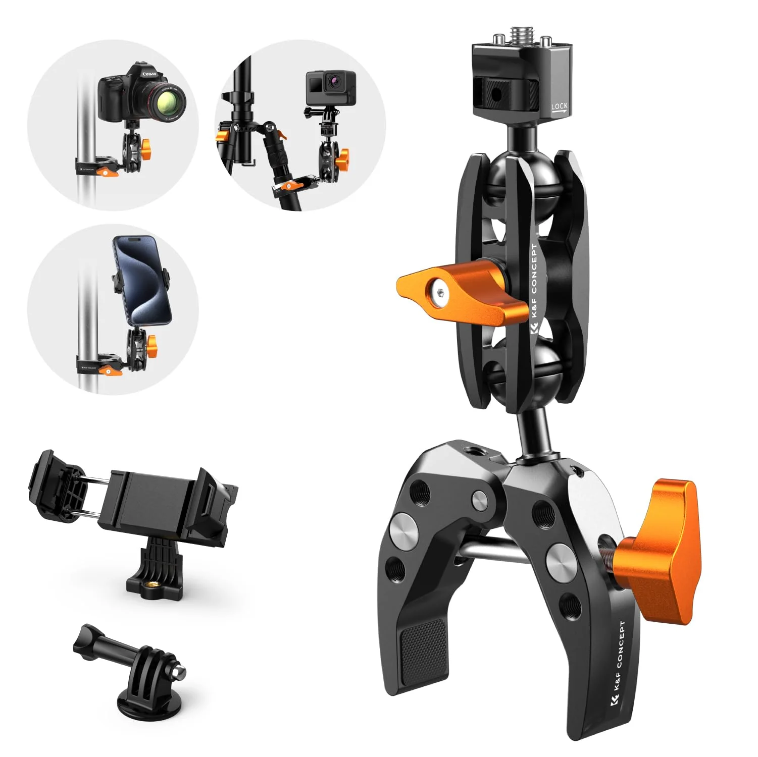 K&F Concept MS13 Magic Arm with Super Clamp, Super Clamp with two 360° ball heads, 1/4" thread and 1/4" screw compatible with Camera, Phone, GoPro, Tripod Super Clamp with Magic Arm