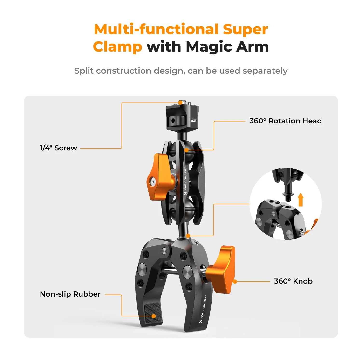 K&F Concept MS13 Magic Arm with Super Clamp, Super Clamp with two 360° ball heads, 1/4" thread and 1/4" screw compatible with Camera, Phone, GoPro, Tripod Super Clamp with Magic Arm - Image 2