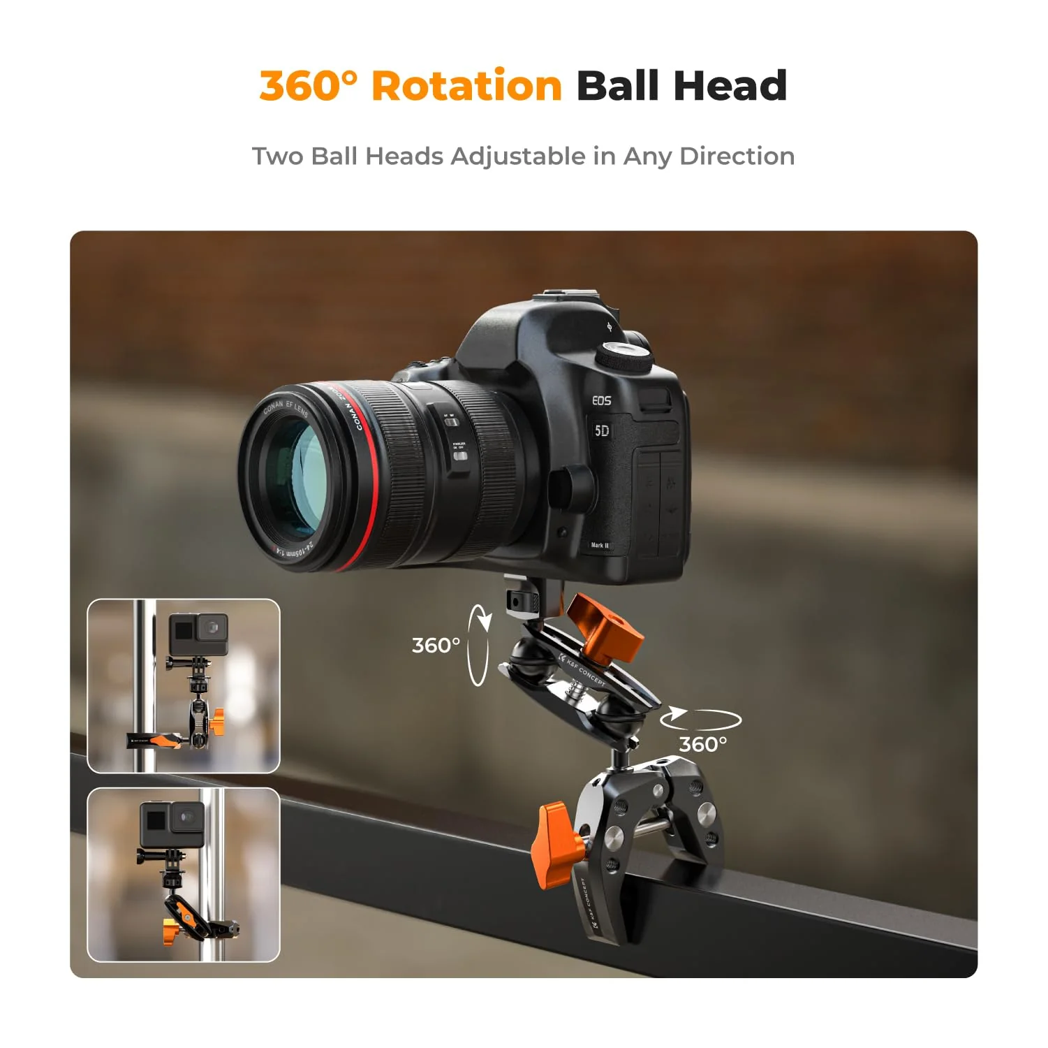 K&F Concept MS13 Magic Arm with Super Clamp, Super Clamp with two 360° ball heads, 1/4" thread and 1/4" screw compatible with Camera, Phone, GoPro, Tripod Super Clamp with Magic Arm - Image 3