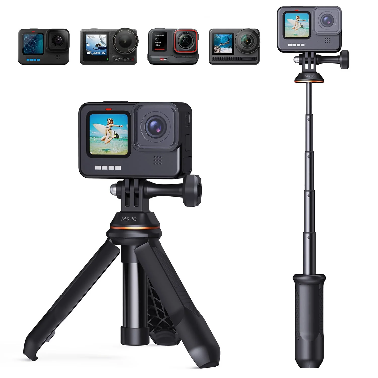 K&F Concept Selfie Stick for GoPro, Portable Gopro Tripod Extendable Gopro Stick Gopro Vlog Tripod Stand for GoPro Hero 13 12 11 10 9/Max/DJI OSMO/Insta 360 AKASO Action Camera. Dark
