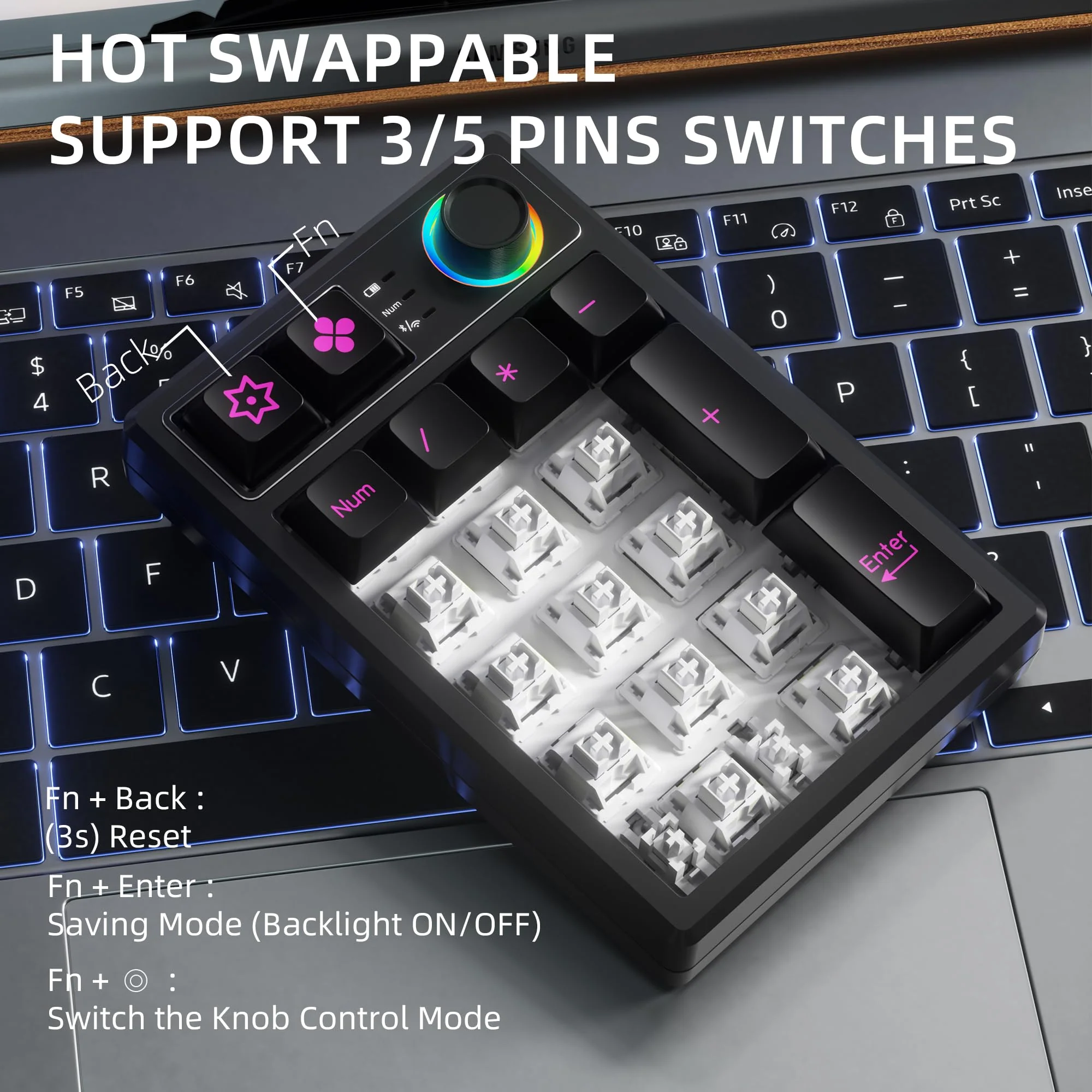 K19 Wireless Numeric Keyboard, Mechanical Number Keypad Hot-swappable Bluetooth Numpad 5.0/2.4GHz, RGB Multi-Function Knob Numerical Keyboard for Laptop Mac Win iOS Android Black - Image 7