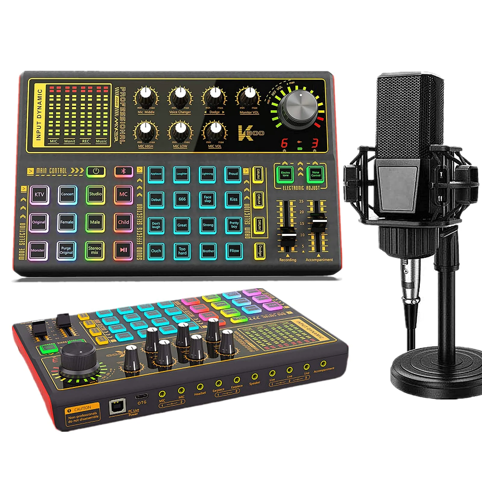 K300 Podcast Equipment Bundle, With Podcast Condenser Microphone, Voice Changer Sound Card with Multiple Sound Effects and LED Light, Prefect for Streaming/Podcasting/Gaming/Recording/YouTube/PC SK300 Mic