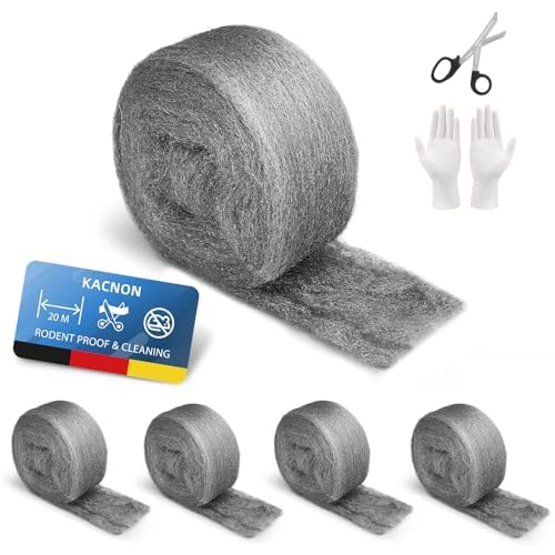 KACNON 000 Steel Wool, 5 Rolls 20 m Steel Wool Against Mice, with Gloves and Scissors, Stainless Steel Wool, Fine Against Rodents, Steel Wool, for Holes and Wall Cracks, Home, Garage