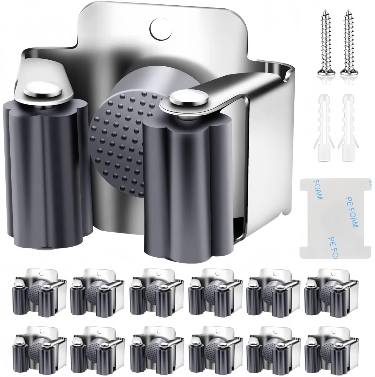 KAHEIGN 12-Piece Tool Holder Set, Broom Holder, Wall Garden Tool Holder, Broom Holder, Wall, Stainless Steel Wall Mount for Mop, Broom, Shovel, Garden Tools, Tool Holder Home Garden