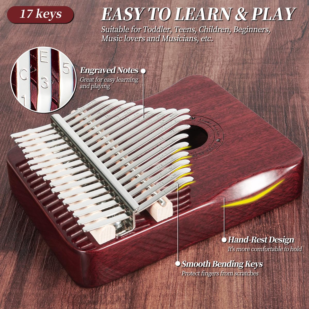 Kalimba Thumb Piano 17 Keys Finger piano (Wine red) Wine red - Image 3