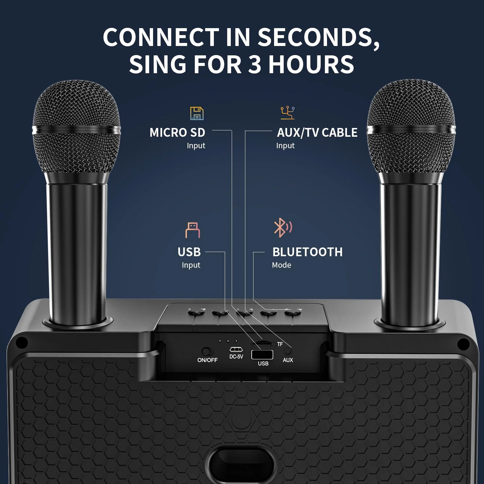 Karaoke Machine for Adults and Kids with 2 UHF Wireless Microphones,Portable Bluetooth Singing Speakers PA System with Disco Lights Phone Holder for Home Party, Picnic,Outdoor/Birthday Gifts Black - Image 4
