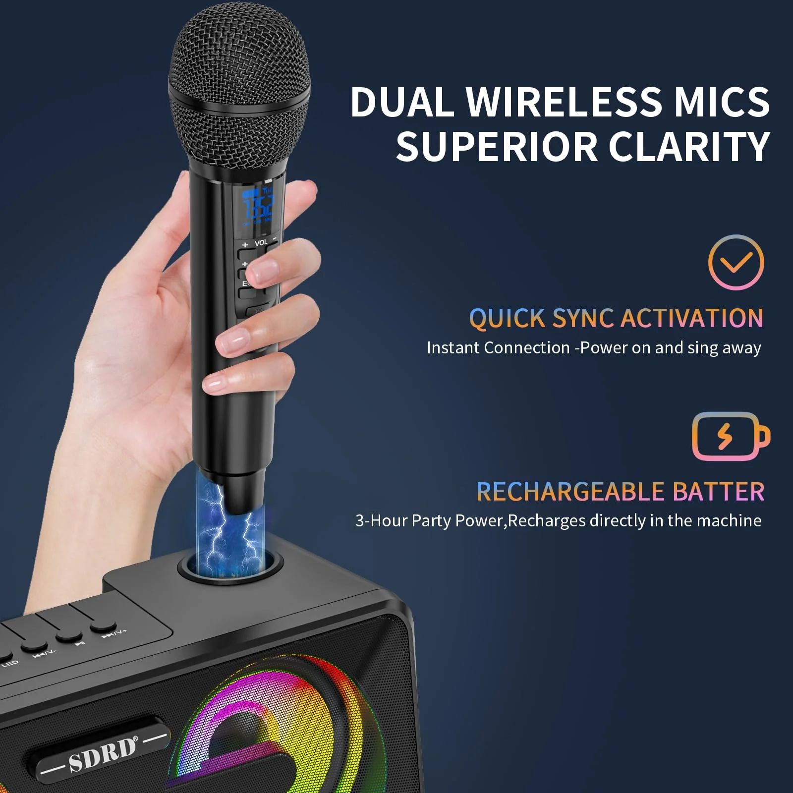 Karaoke Machine for Adults and Kids with 2 UHF Wireless Microphones,Portable Bluetooth Singing Speakers PA System with Disco Lights Phone Holder for Home Party, Picnic,Outdoor/Birthday Gifts Black - Image 5