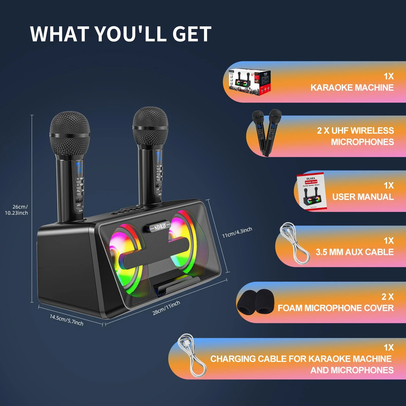 Karaoke Machine for Adults and Kids with 2 UHF Wireless Microphones,Portable Bluetooth Singing Speakers PA System with Disco Lights Phone Holder for Home Party, Picnic,Outdoor/Birthday Gifts Black - Image 6