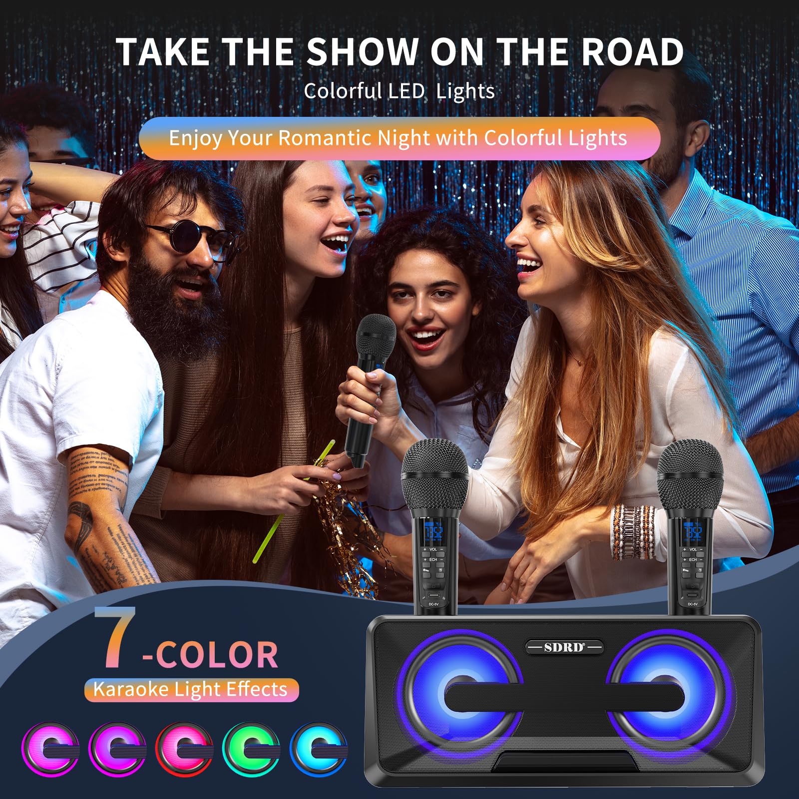 Karaoke Machine for Adults and Kids with 2 UHF Wireless Microphones,Portable Bluetooth Singing Speakers PA System with Disco Lights Phone Holder for Home Party, Picnic,Outdoor/Birthday Gifts Black - Image 8