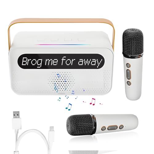 Karaoke Machine for Kids and Adults, Portable Bluetooth Speaker with 2 Wireless Microphone, with Lyrics Display, for TV, Home Party, Kids Gift for Girls Boys Family Party Birthday (White) White