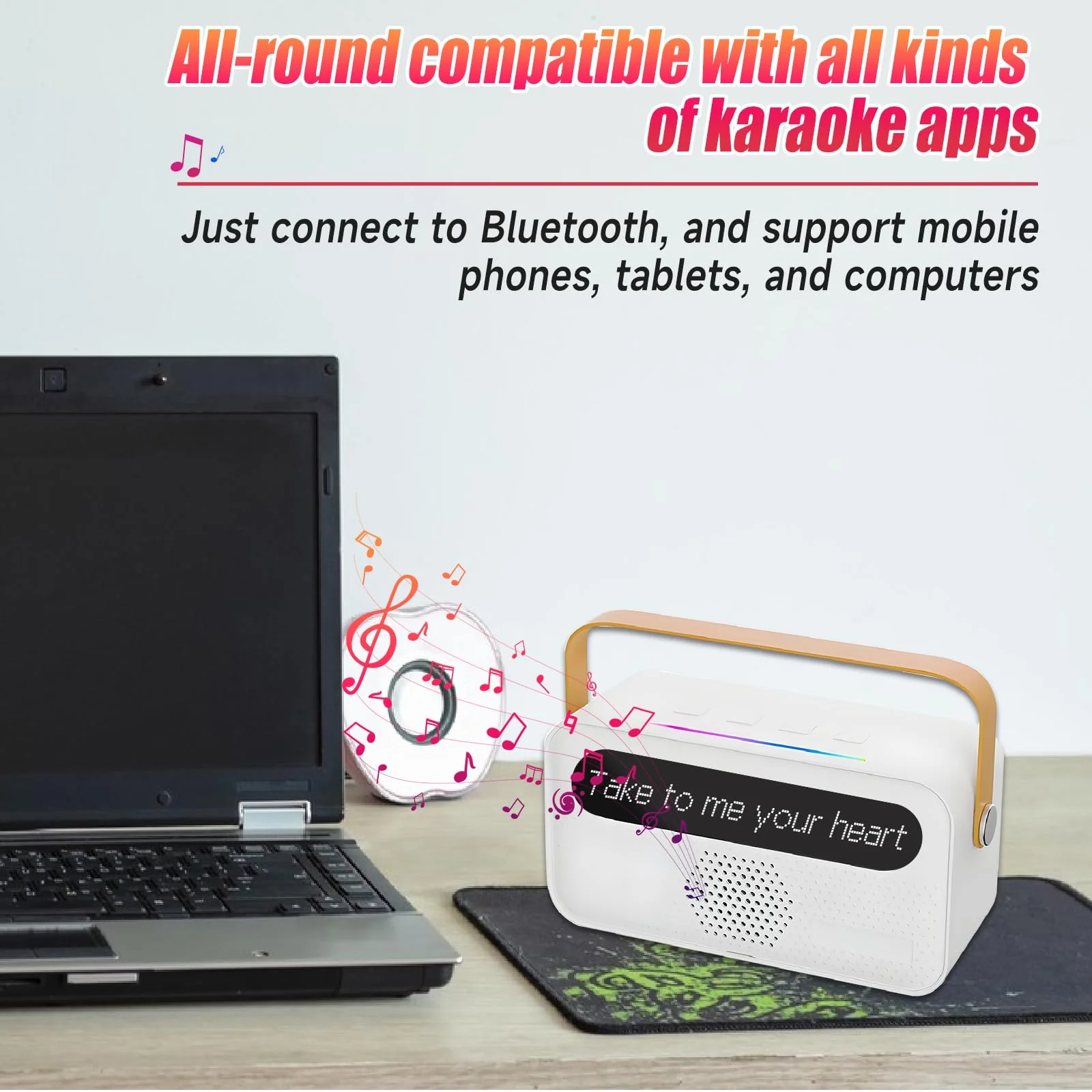 Karaoke Machine for Kids and Adults, Portable Bluetooth Speaker with 2 Wireless Microphone, with Lyrics Display, for TV, Home Party, Kids Gift for Girls Boys Family Party Birthday (White) White - Image 4