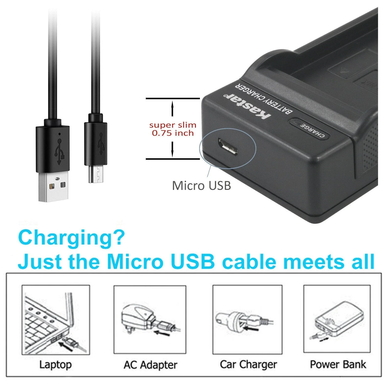 Kastar Battery + Slim USB Charger for Nik EN-EL19 Coolpix A100 S100 S2750 S2800 S3300 S3400 S3500 S3600 S4200 S4300 S4400 S5200 S5300 S6400 S6500 S6600 S6700 S6800 S6900 S7000, Son NP-BJ1 DSC-RX0 - Image 3