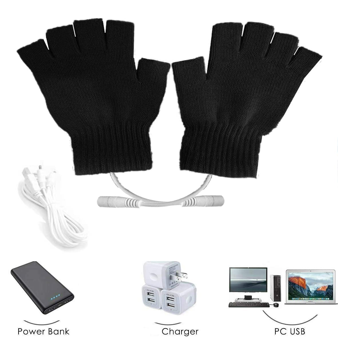 Kbinter USB 2.0 Powered Heating Pattern Knitting (2 Pack) Heated Gloves Fingerless Hands Warmer Mittens Laptop Computer 5.0V Warm Gloves for Women Men Girls Boys (Black+Rose) - Image 4