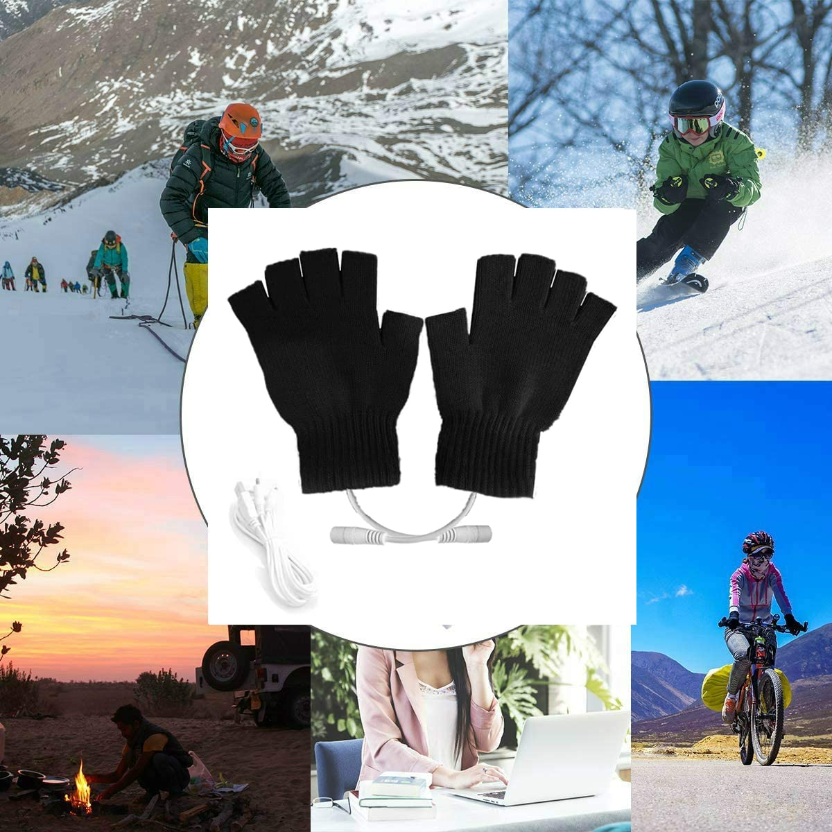 Kbinter USB 2.0 Powered Heating Pattern Knitting Cute Heated Gloves Fingerless Hands Warmer Mittens Laptop Computer 5.0V Warm Gloves for Women Men Girls Boys (Black) - Image 5