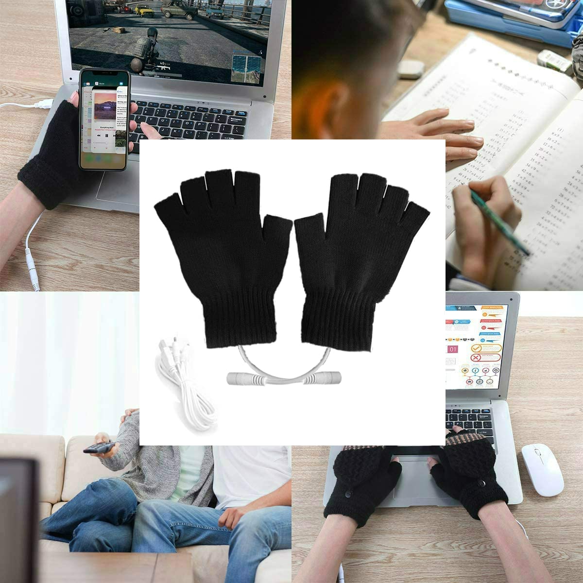 Kbinter USB 2.0 Powered Heating Pattern Knitting Cute Heated Gloves Fingerless Hands Warmer Mittens Laptop Computer 5.0V Warm Gloves for Women Men Girls Boys (Black) - Image 6