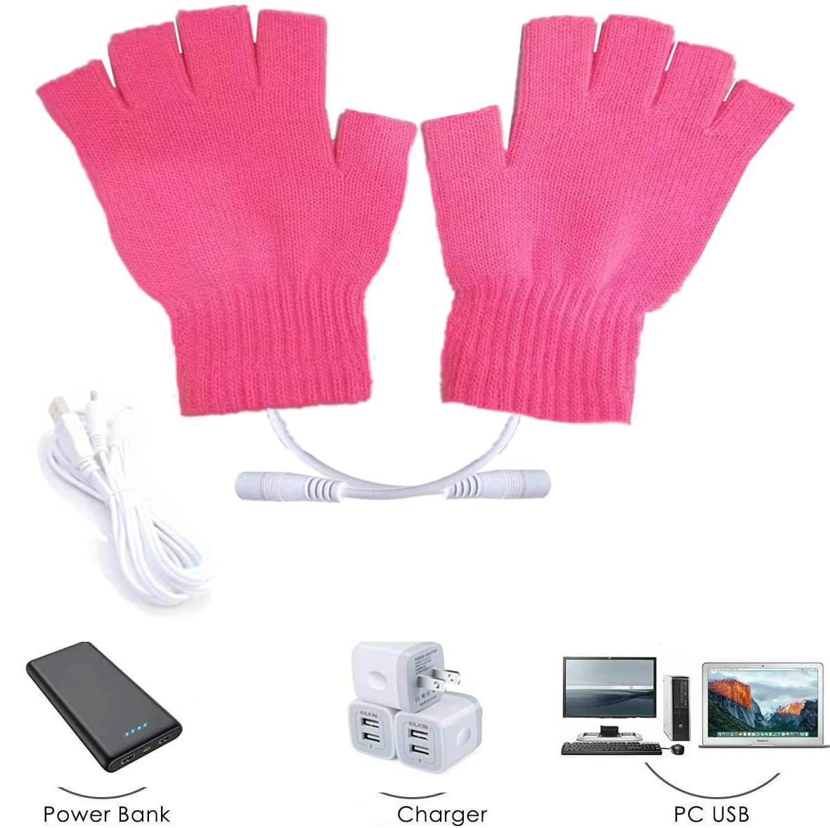 Kbinter USB 2.0 Powered Heating Pattern Knitting Cute Heated Gloves Fingerless Hands Warmer Mittens Laptop Computer 5.0V Warm Gloves for Women Men Girls Boys (Rose) - Image 4