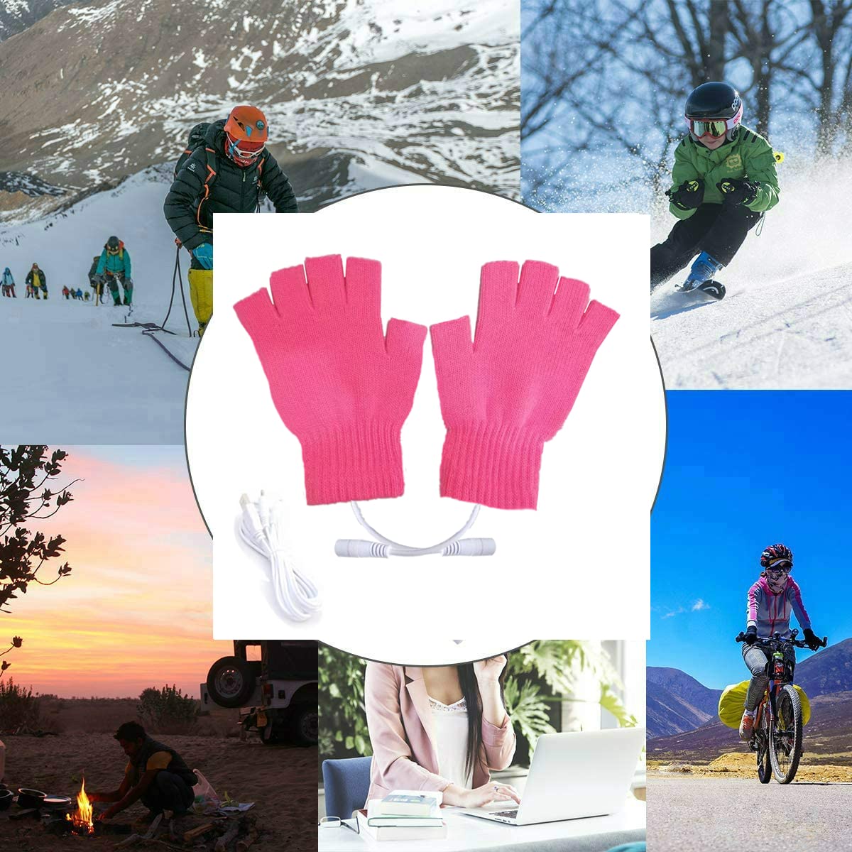 Kbinter USB 2.0 Powered Heating Pattern Knitting Cute Heated Gloves Fingerless Hands Warmer Mittens Laptop Computer 5.0V Warm Gloves for Women Men Girls Boys (Rose) - Image 5