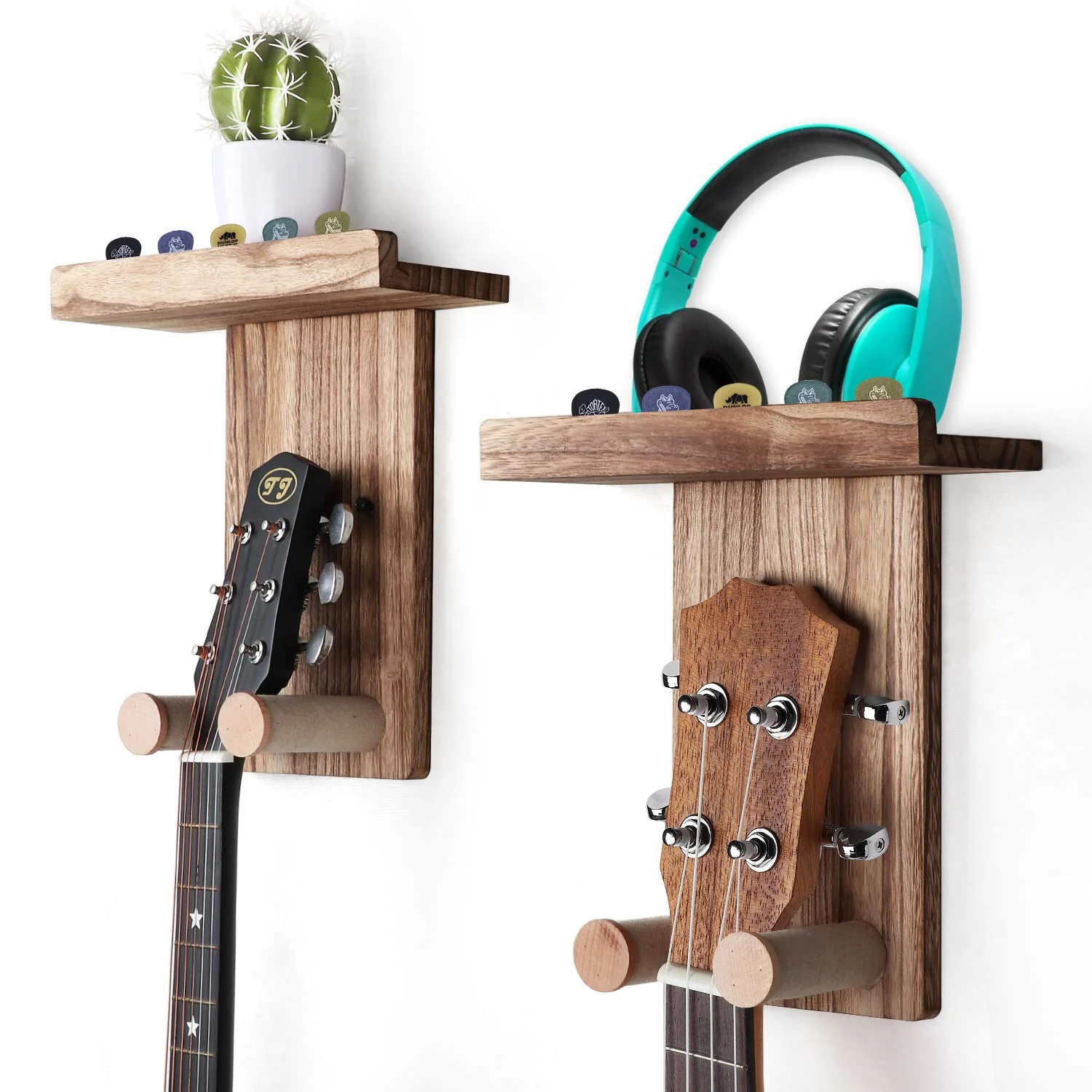 Keebofly 2-Pack Guitar Wall Mount Hanger with Shelf & Pick Holder - Wood Wall Hook for Acoustic, Electric, Bass Guitars, Ukulele (Screw-Mounted, Brown) [Patented]