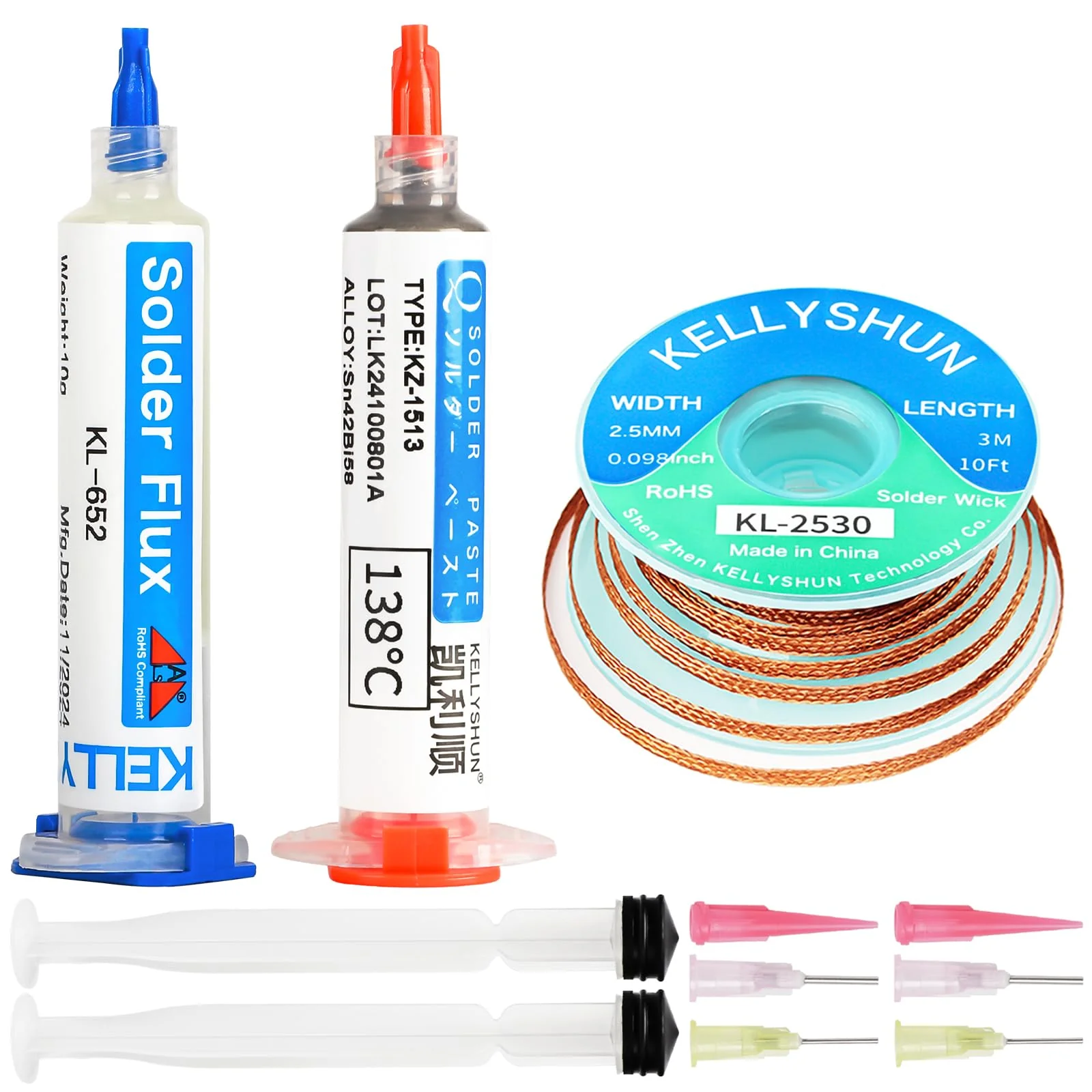 KELLYSHUN Flux Soldering, Soldering Paste and Desoldering Wire, No-Clean Rosin Soldering Flux (Pack of 1), Sn42%/Bi58% Soldering Paste (1 Piece), 2.5 mm/3 M Desoldering Braid (Pack of 1), for BAG, 3 Piece Set