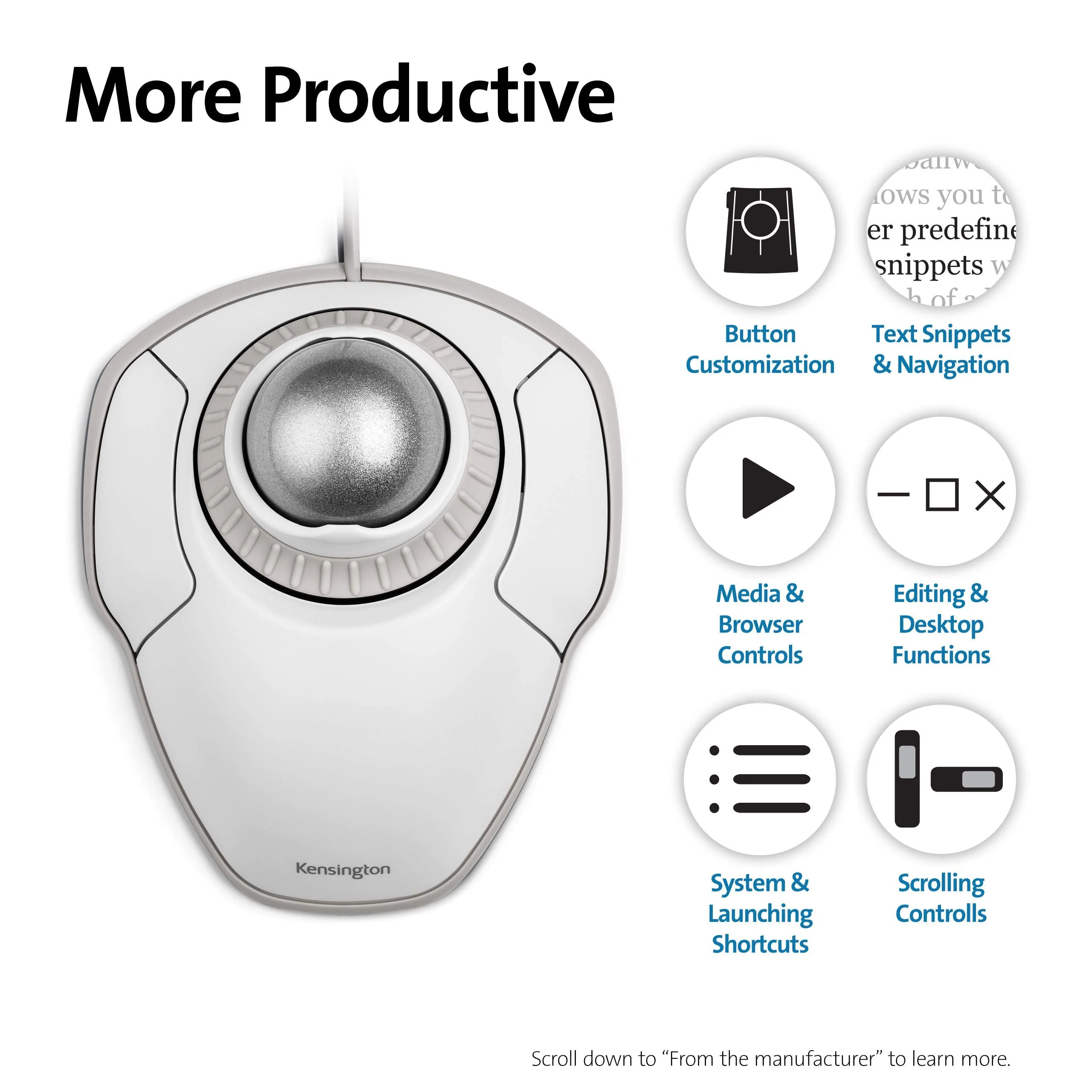 Kensington Orbit Trackball Mouse with Scroll Ring (White) (K72500WW) White-Grey wired usb - Image 5