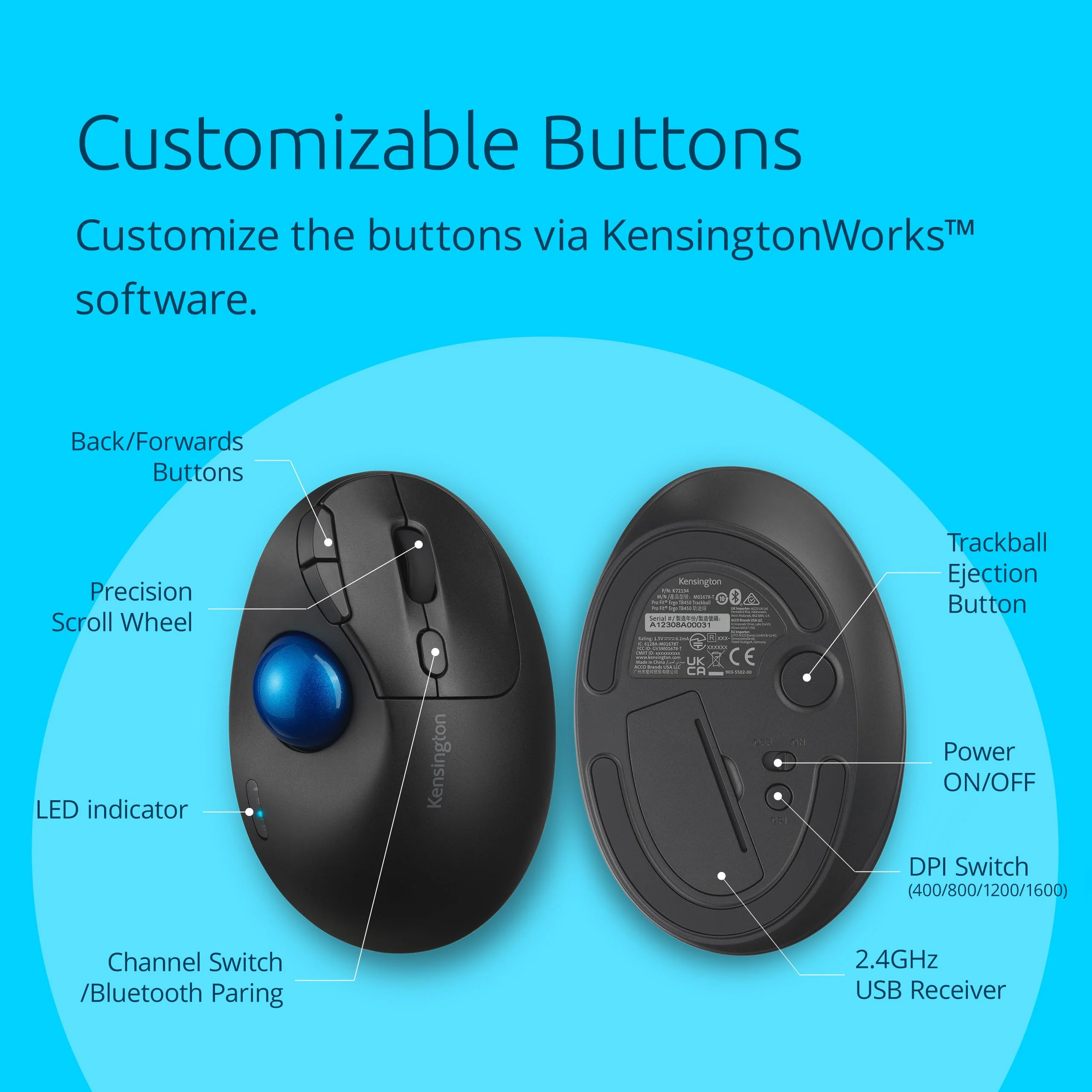 Kensington TB450 Wireless Trackball Mouse (K72194WW), Black-Blue thumb operated - Image 2