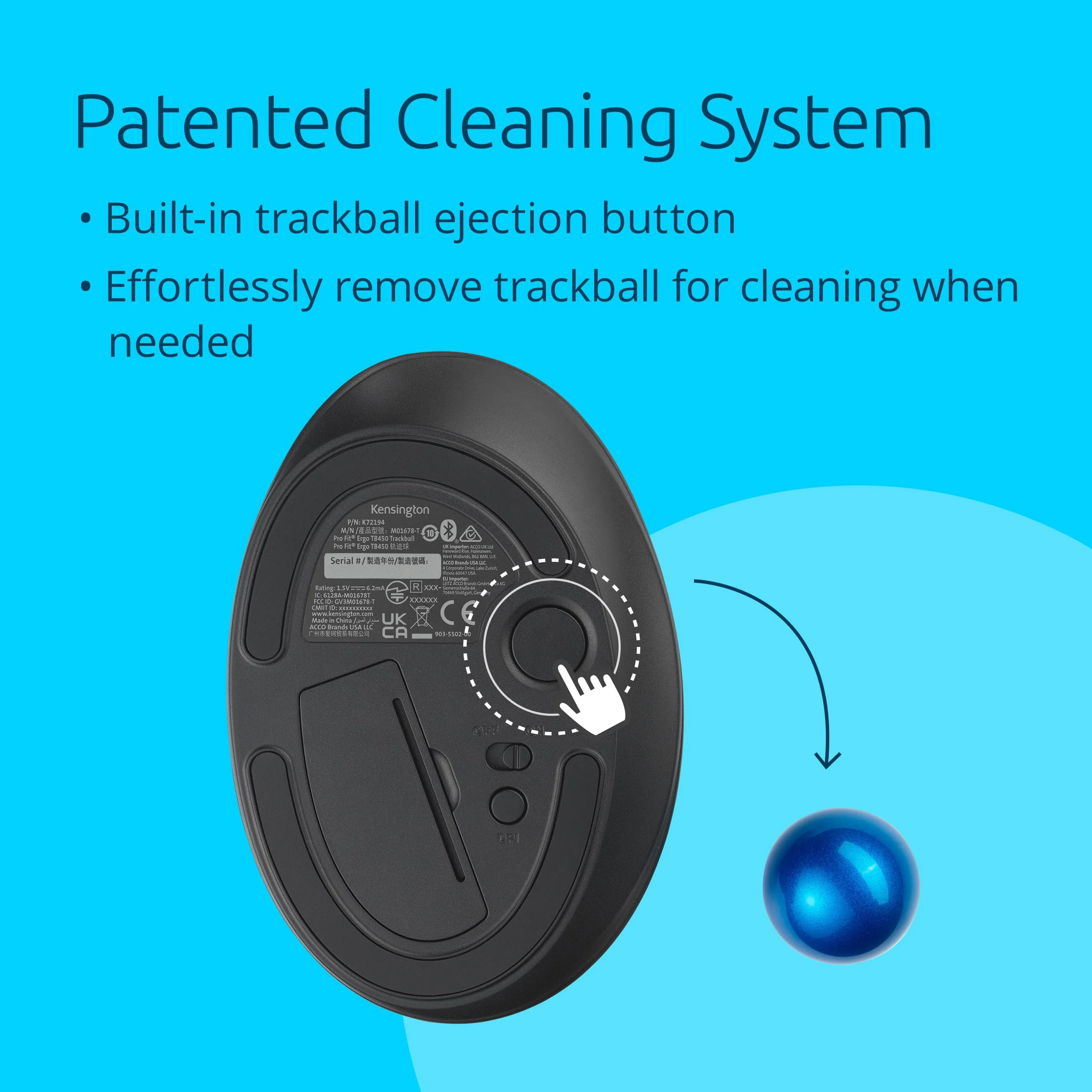 Kensington TB450 Wireless Trackball Mouse (K72194WW), Black-Blue thumb operated - Image 6