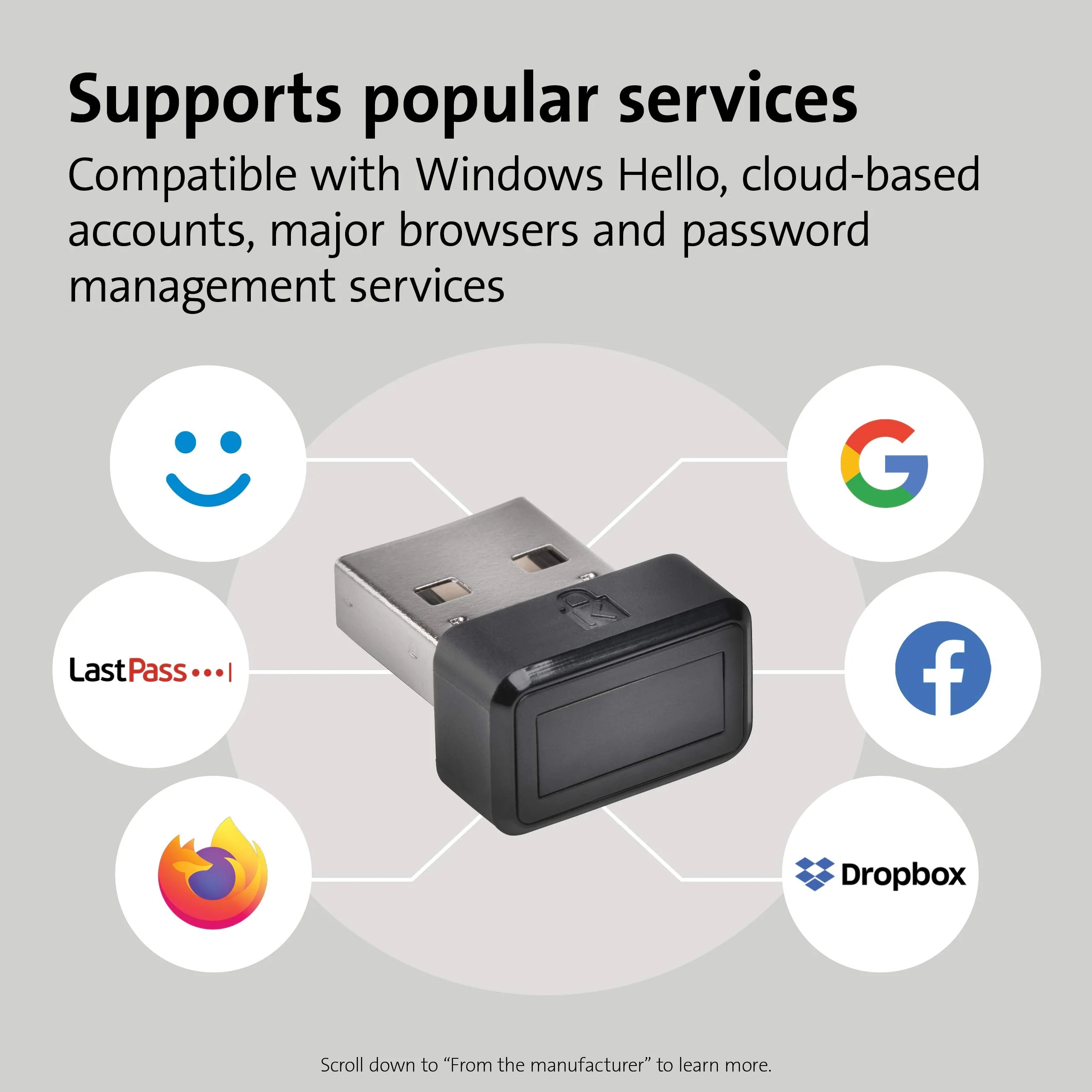 Kensington VeriMark USB Fingerprint Key Reader - Windows Hello, FIDO U2F, Anti-Spoofing (K67977WW),Black For Single PC's - Image 3