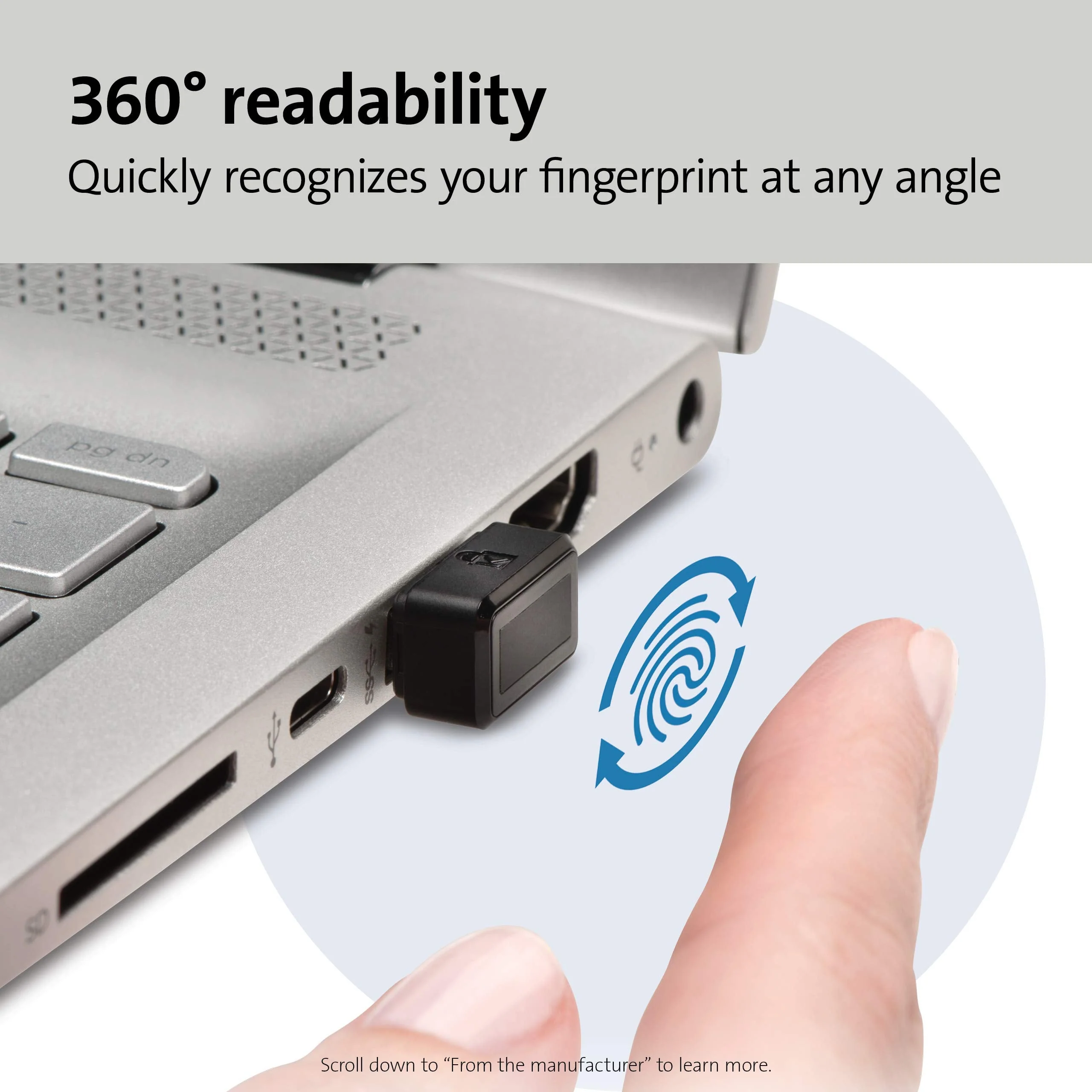 Kensington VeriMark USB Fingerprint Key Reader - Windows Hello, FIDO U2F, Anti-Spoofing (K67977WW),Black For Single PC's - Image 5