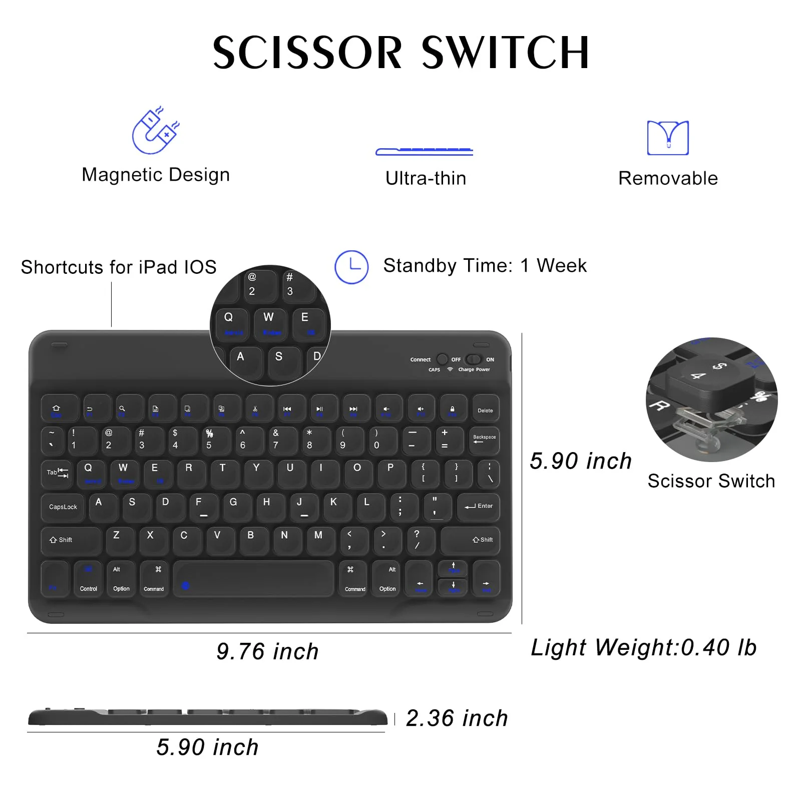 Keyboard Case for iPad 9.7 inch 6th 2018, 5th Gen. 2017, Air 2 2014 Released, Wireless Detachable Keyboard, Thin Slim Folio Cover Shell with Pen Holder, Auto Sleep Wake, BL Non-Backlit Keyboard for iPad 9.7 inch Black with Non-Backlit Keyboard - Image 4