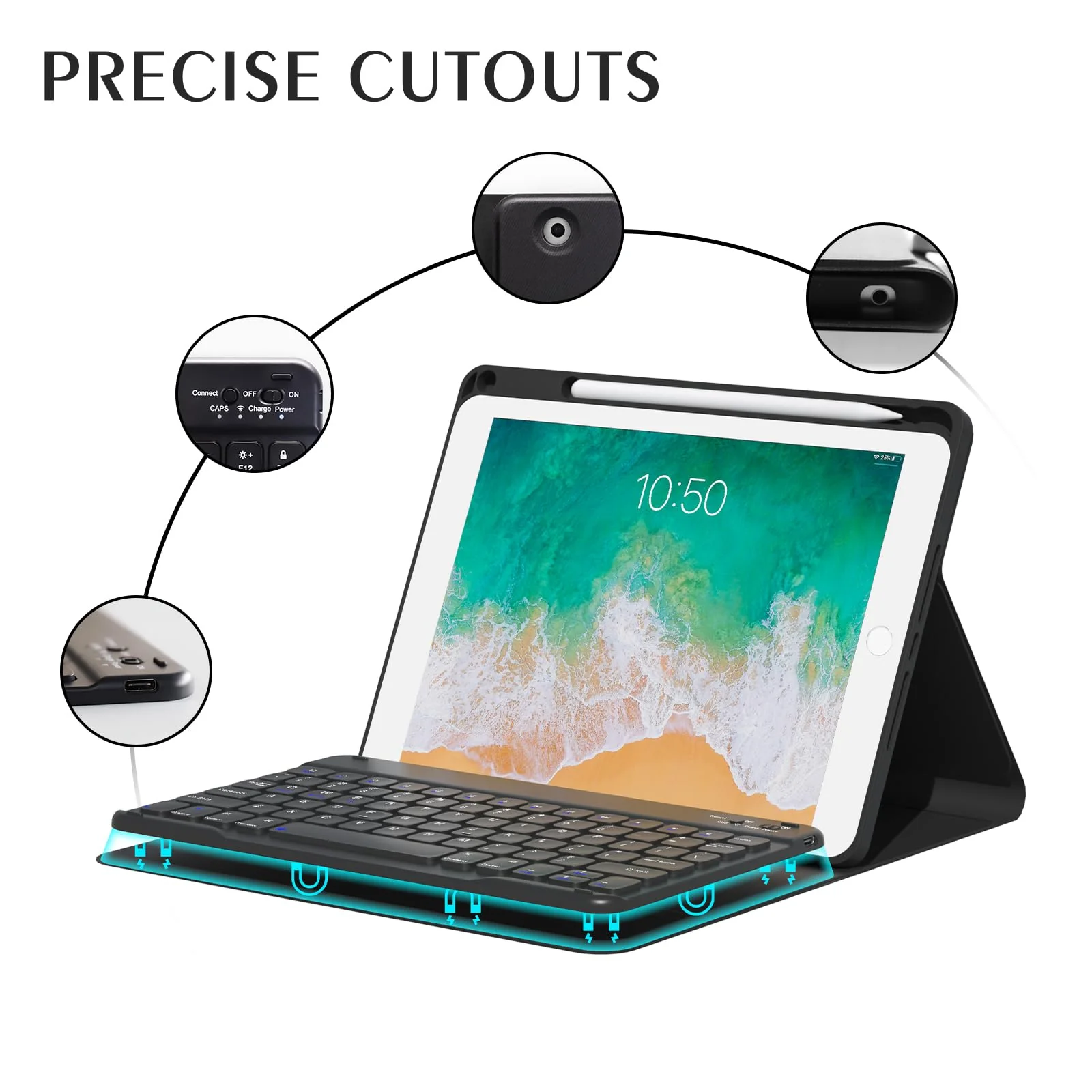 Keyboard Case for iPad 9.7 inch 6th 2018, 5th Gen. 2017, Air 2 2014 Released, Wireless Detachable Keyboard, Thin Slim Folio Cover Shell with Pen Holder, Auto Sleep Wake, BL Non-Backlit Keyboard for iPad 9.7 inch Black with Non-Backlit Keyboard - Image 5