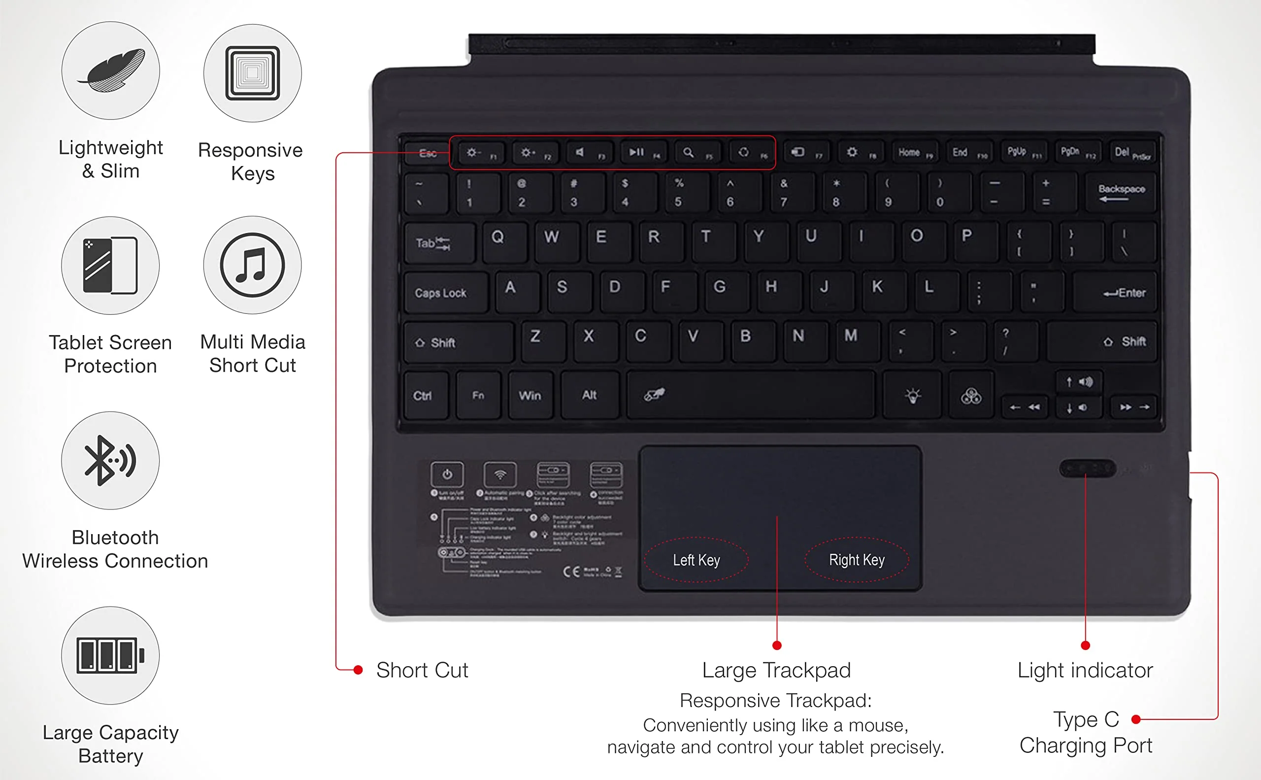 Keyboard Replacement Type Cover Trackpad Mouse for Microsoft Surface Pro 7+ 7 Pro 6 Pro 5 Pro 4 Pro 3 Ergonomic Portable Slim Wireless Bluetooth Rechargeable Black - Image 2