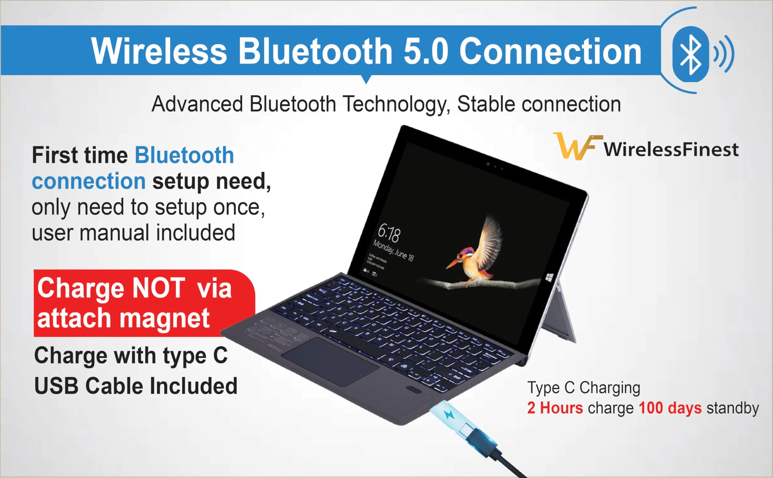 Keyboard Replacement Type Cover Trackpad Mouse for Microsoft Surface Pro 7+ 7 Pro 6 Pro 5 Pro 4 Pro 3 Ergonomic Portable Slim Wireless Bluetooth Rechargeable Black - Image 3