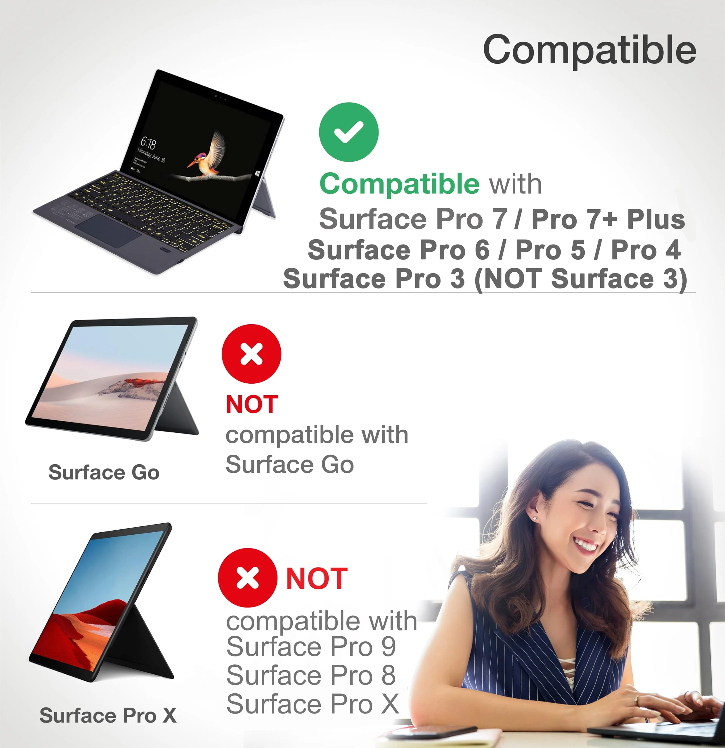 Keyboard Replacement Type Cover Trackpad Mouse for Microsoft Surface Pro 7+ 7 Pro 6 Pro 5 Pro 4 Pro 3 Ergonomic Portable Slim Wireless Bluetooth Rechargeable Black - Image 6